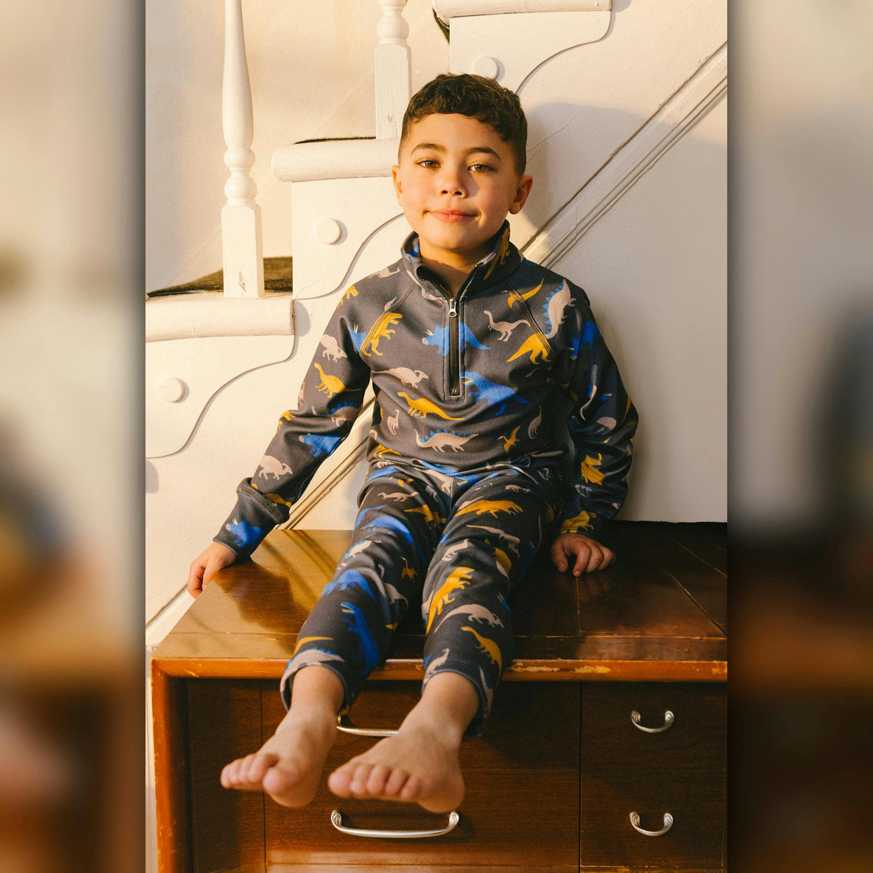 Two Piece Thermal Underwear Grey And Blue Dinosaur Print , view 2 of 6