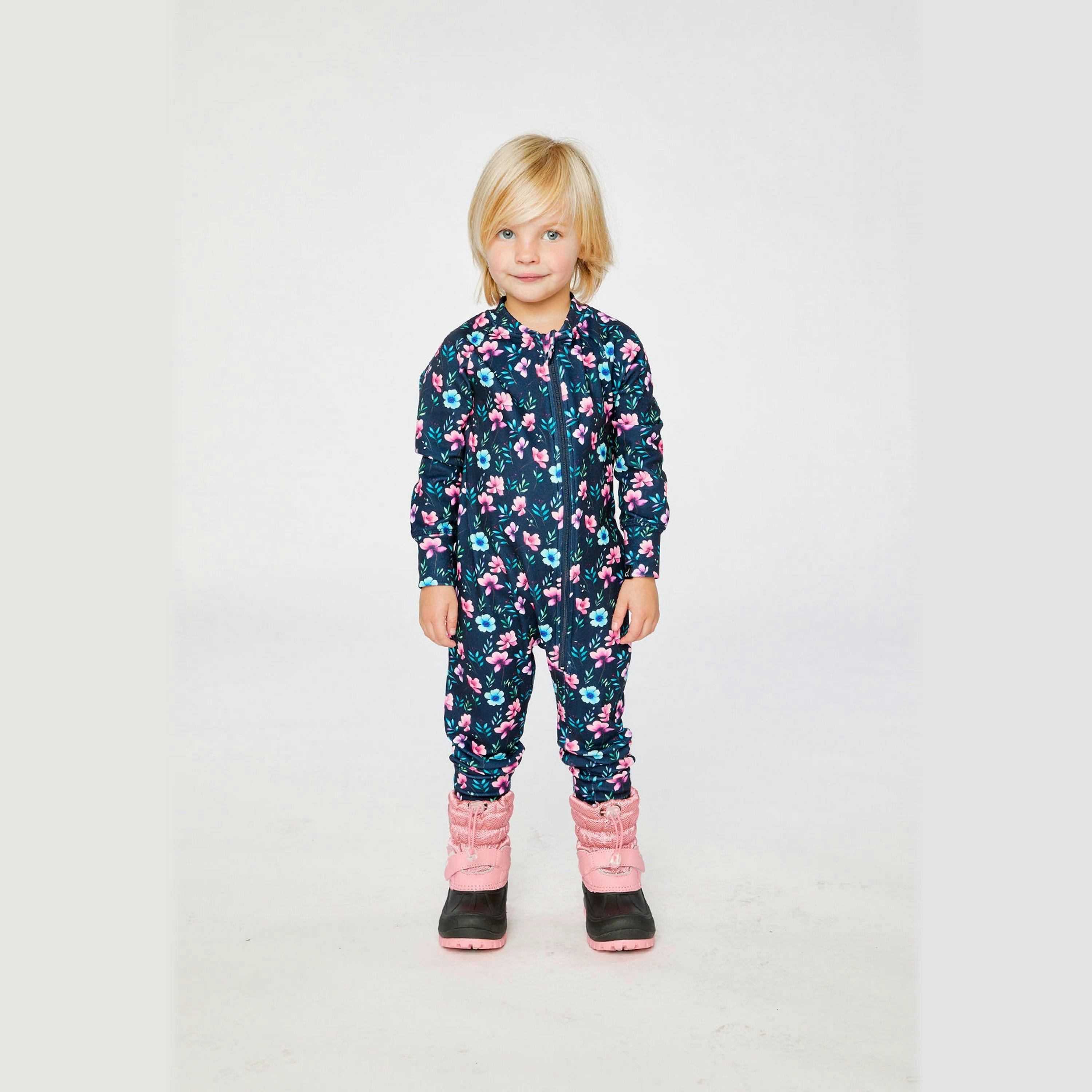 One Piece Thermal Underwear Blue Floral Print , view 2 of 3