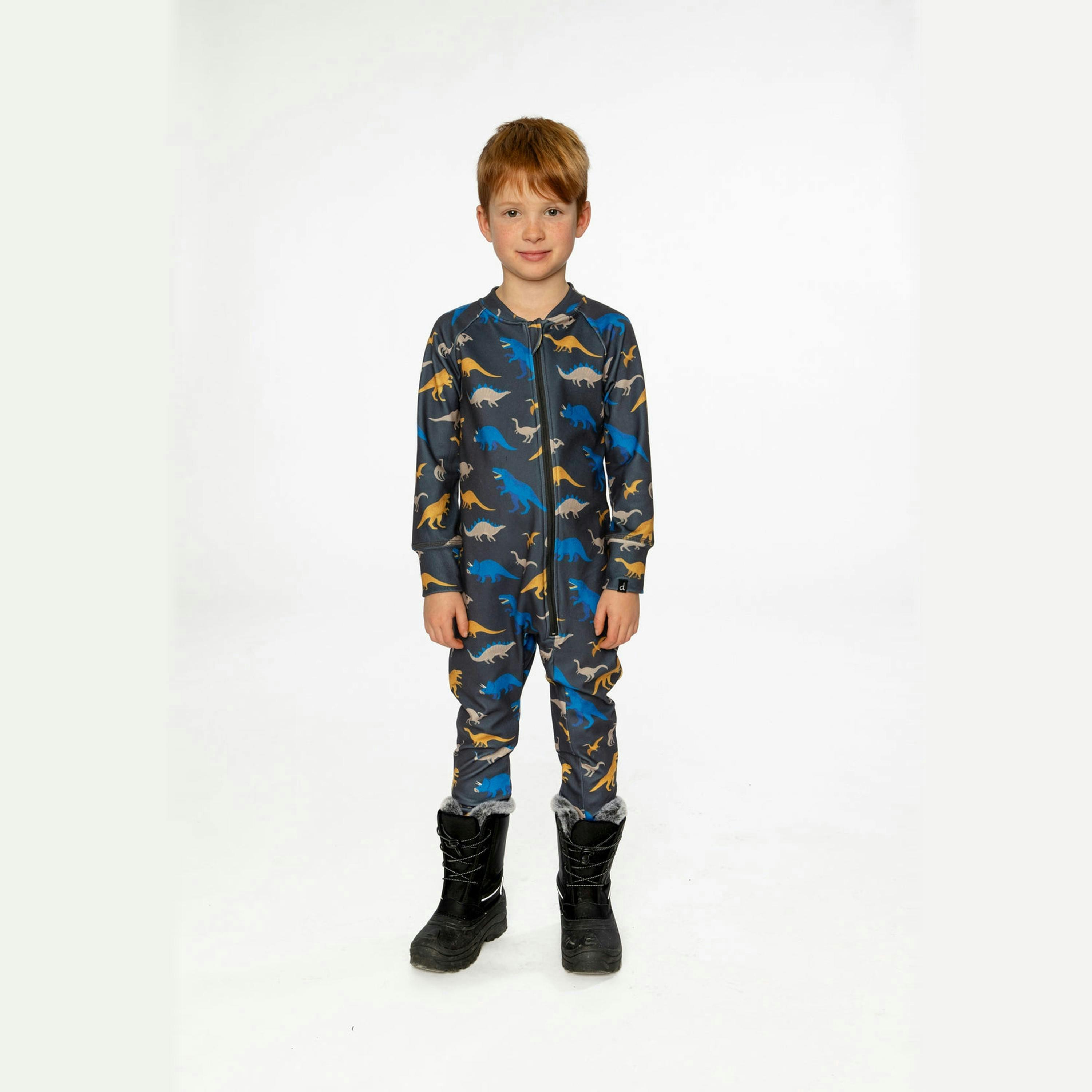 One Piece Thermal Underwear Grey And Blue Dinosaur Print , view 2 of 4