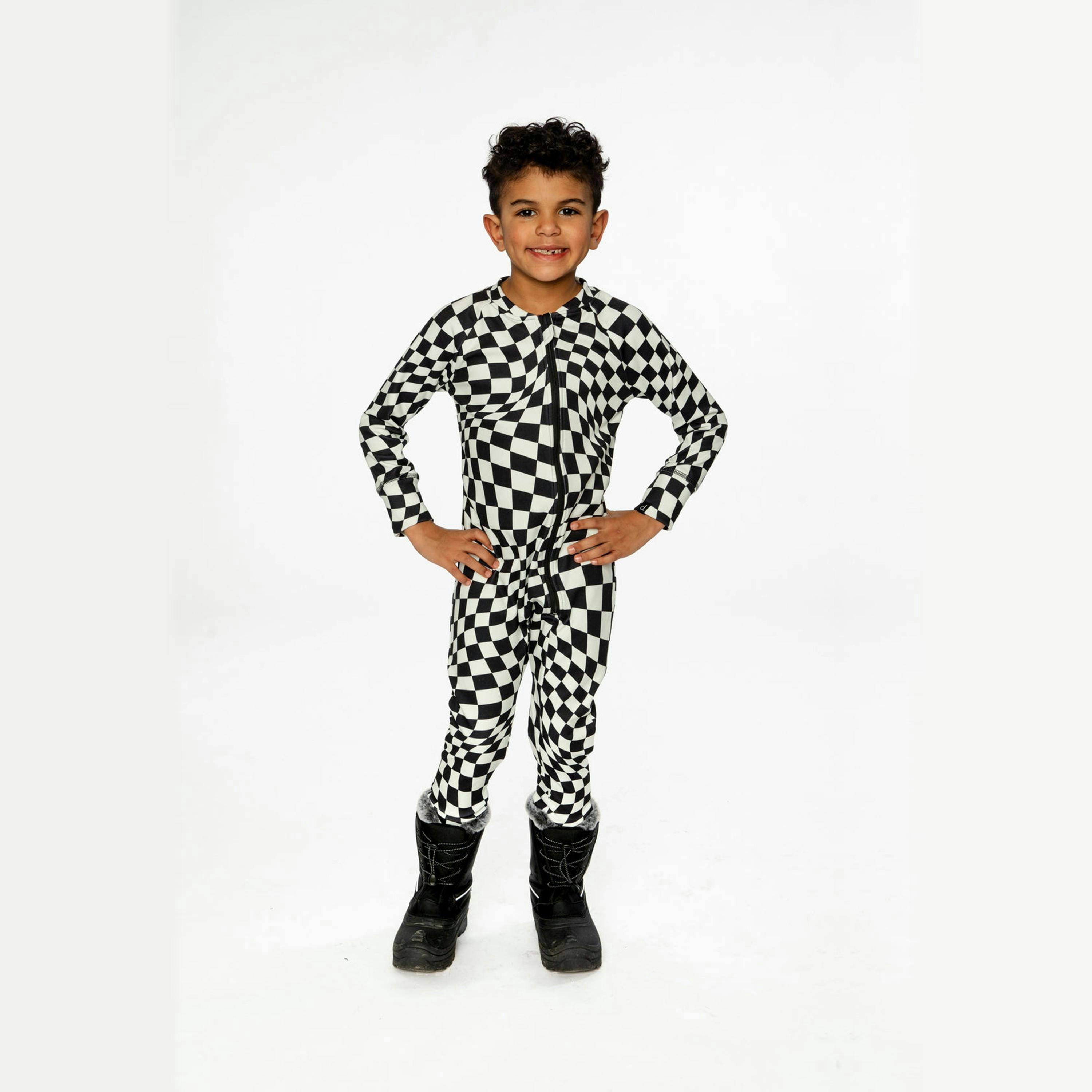 One Piece Thermal Underwear White Checkered Print , view 2 of 4