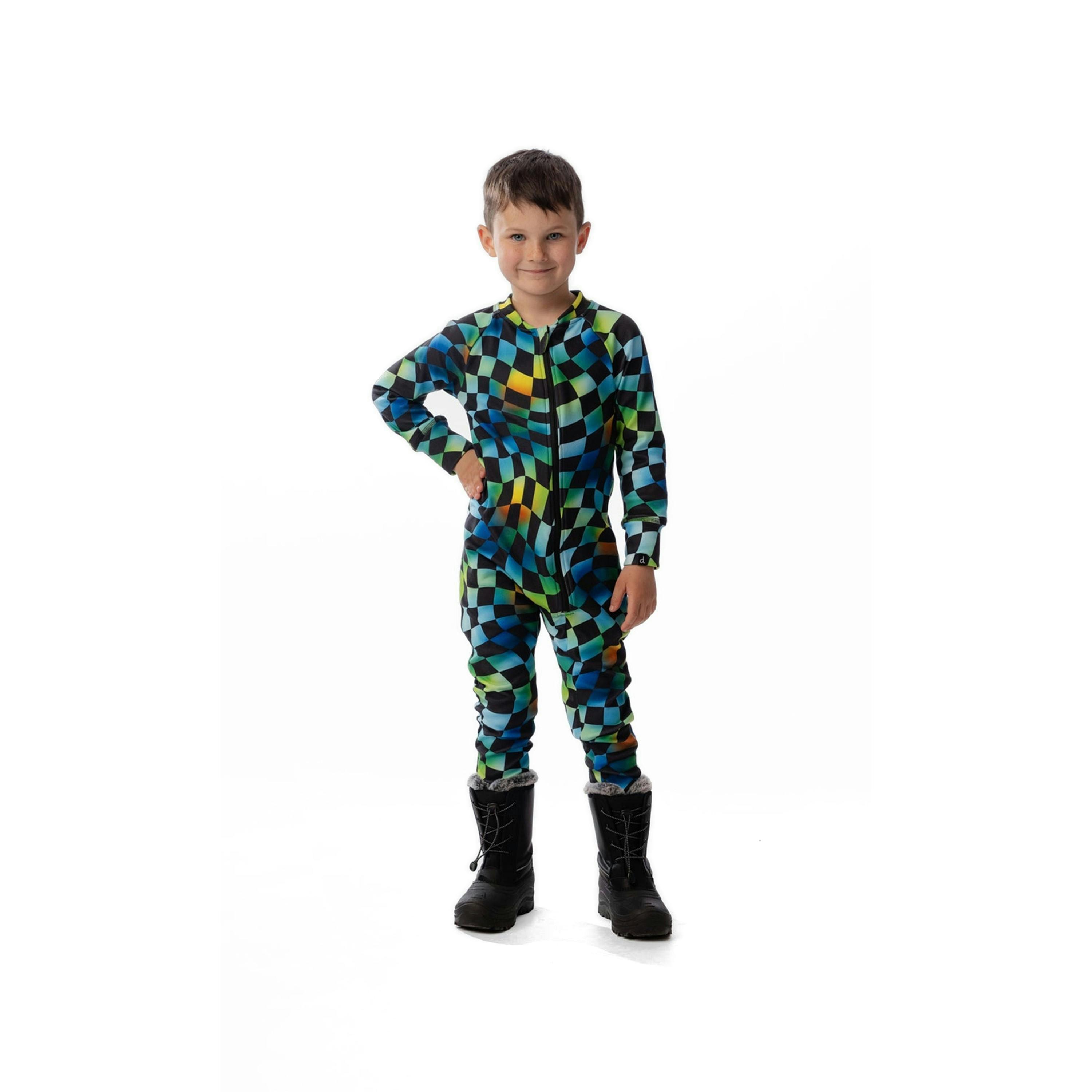 One Piece Thermal Underwear Blue Checkered Print , view 2 of 5