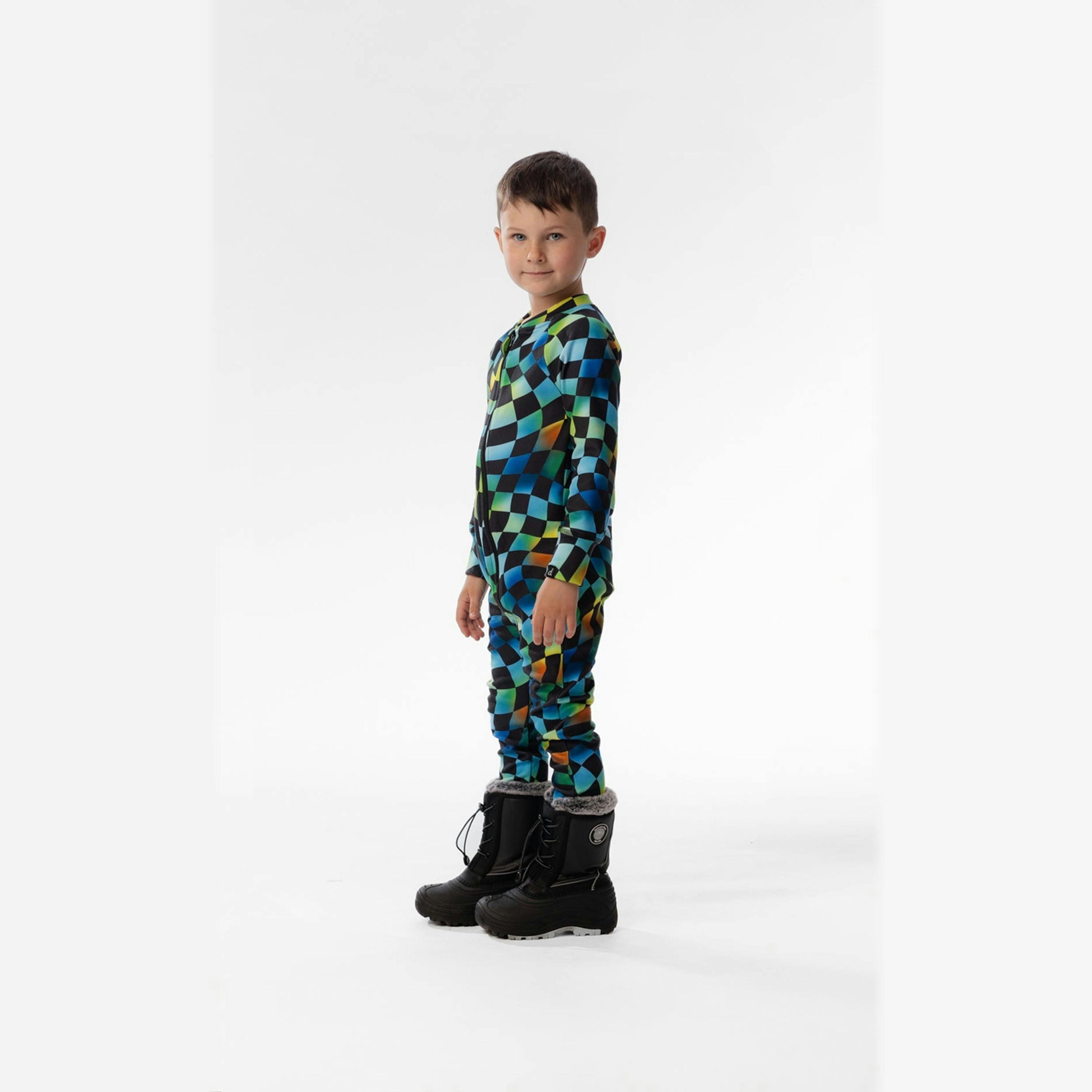One Piece Thermal Underwear Blue Checkered Print , view 3 of 5
