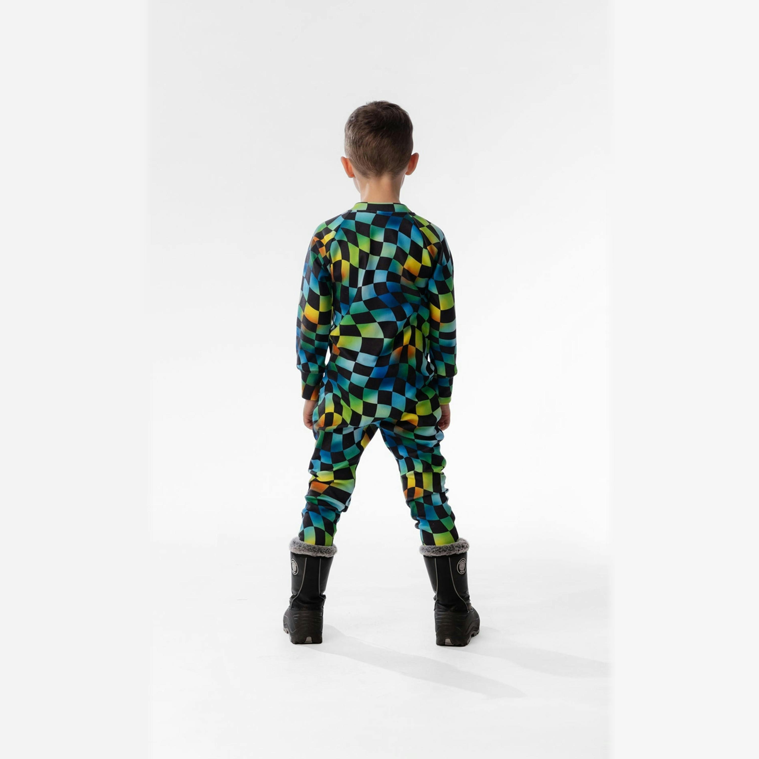 One Piece Thermal Underwear Blue Checkered Print , view 4 of 5