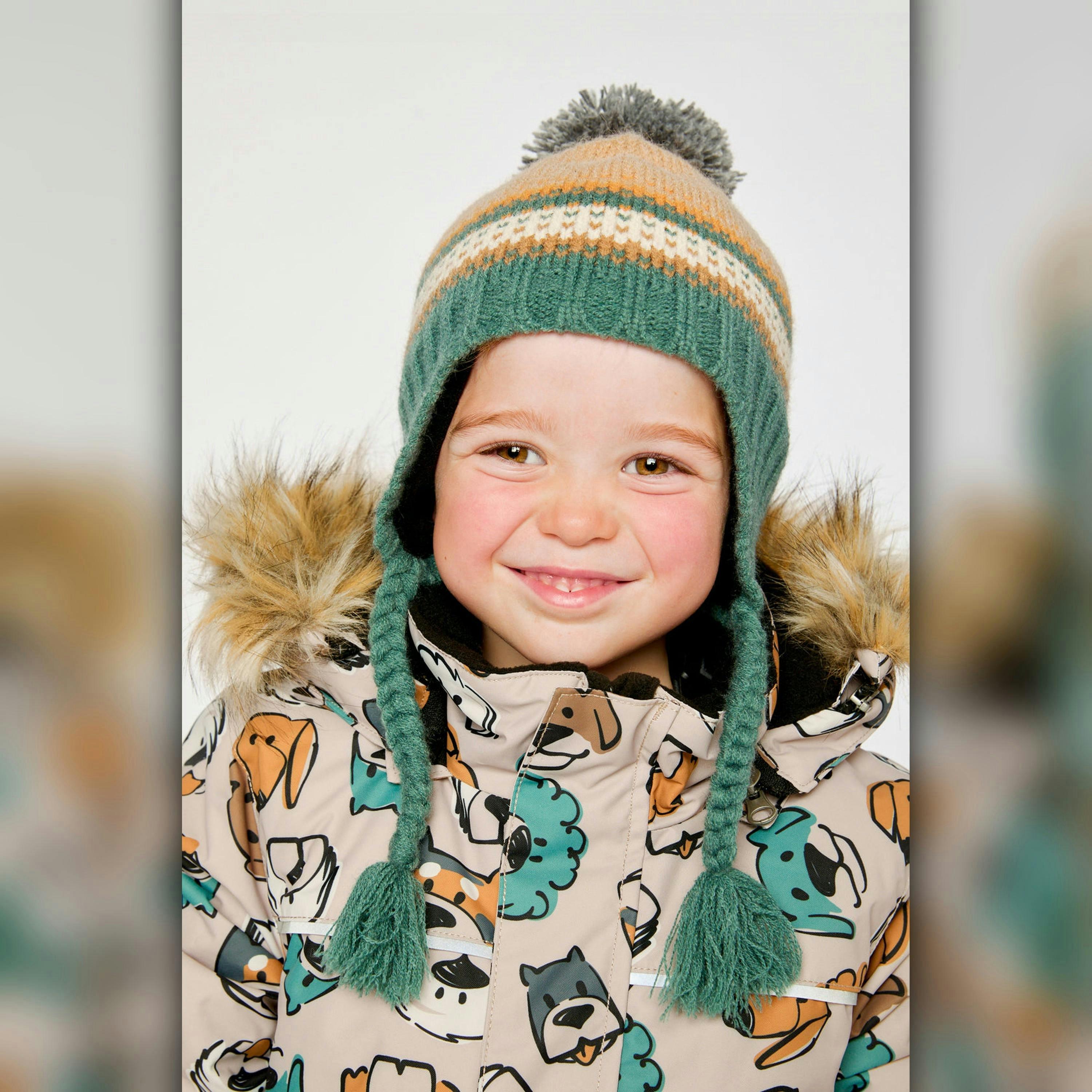 Winter Peruvian Knit Hat With Pompom Beige And Green Jacquard , view 2 of 3