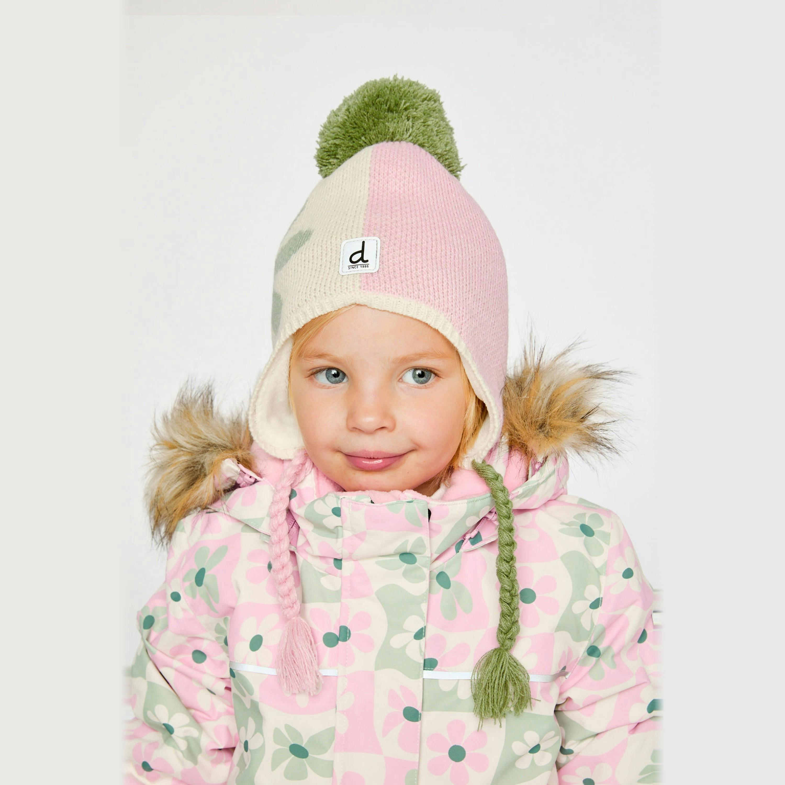 Winter Peruvian Knit Hat With Pompom Lavender Pink And Green , view 2 of 3