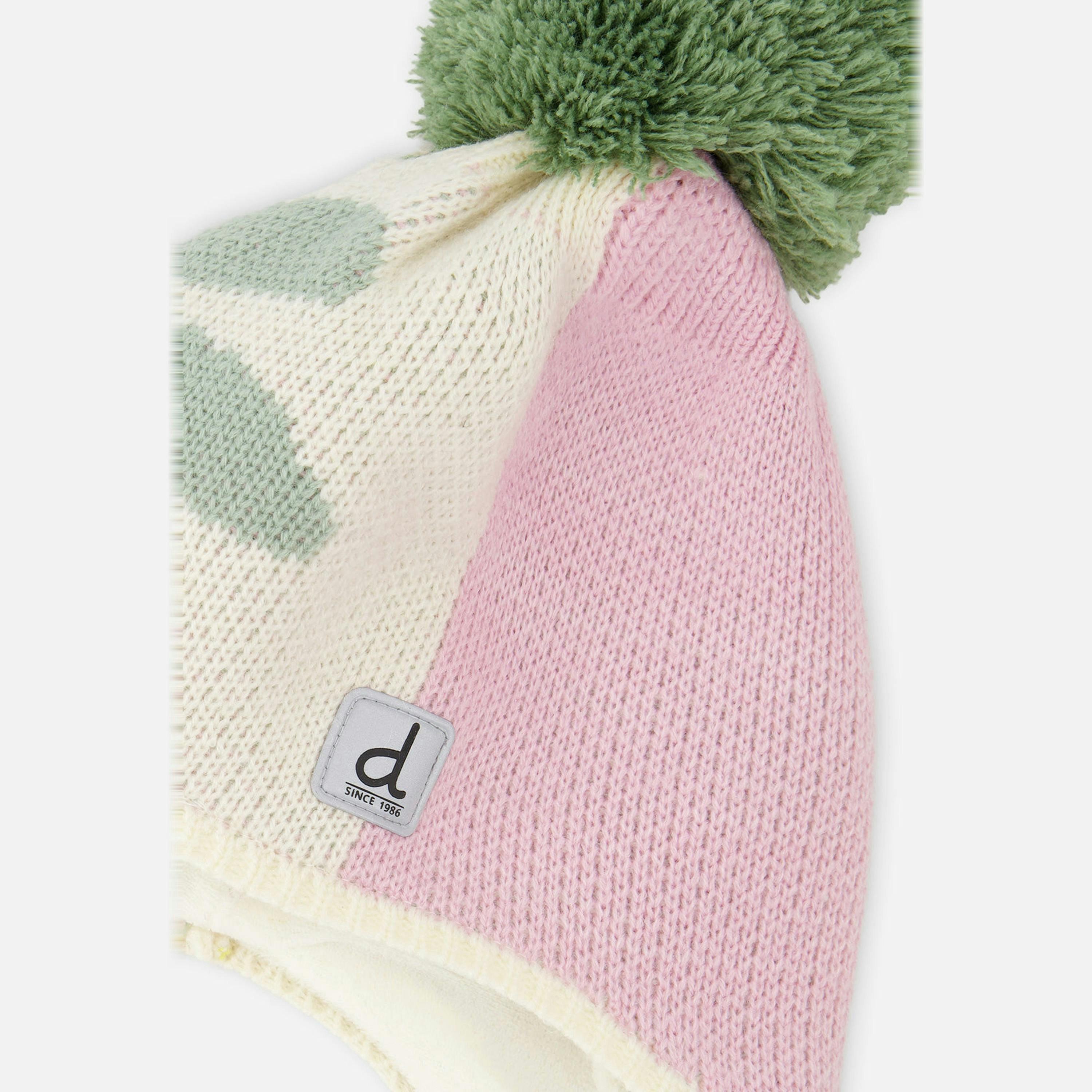 Winter Peruvian Knit Hat With Pompom Lavender Pink And Green , view 3 of 3
