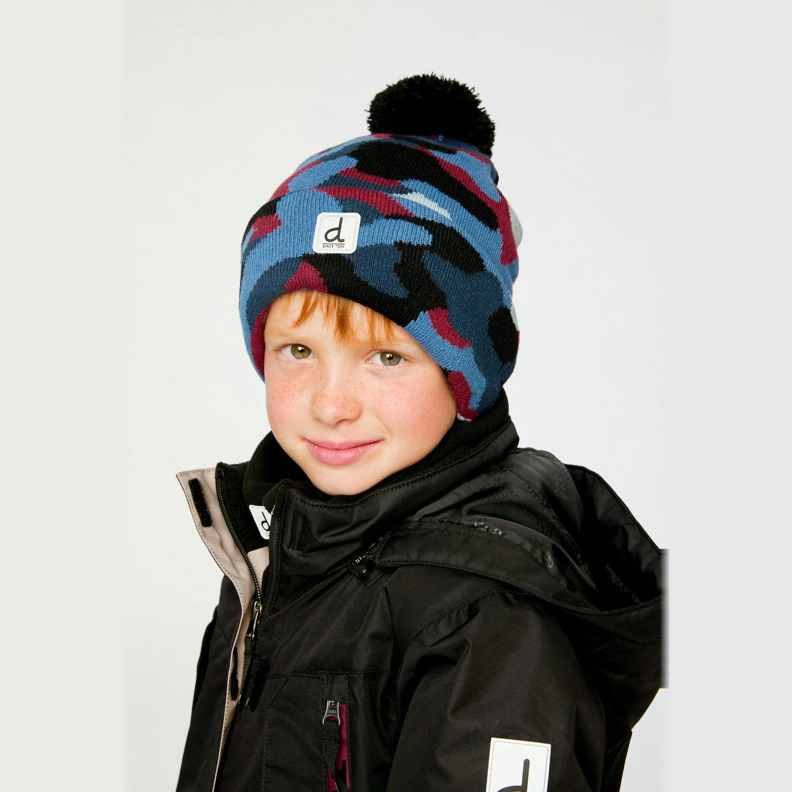 Winter Knit Hat With Pompom Blue And Red Camouflage , view 2 of 3