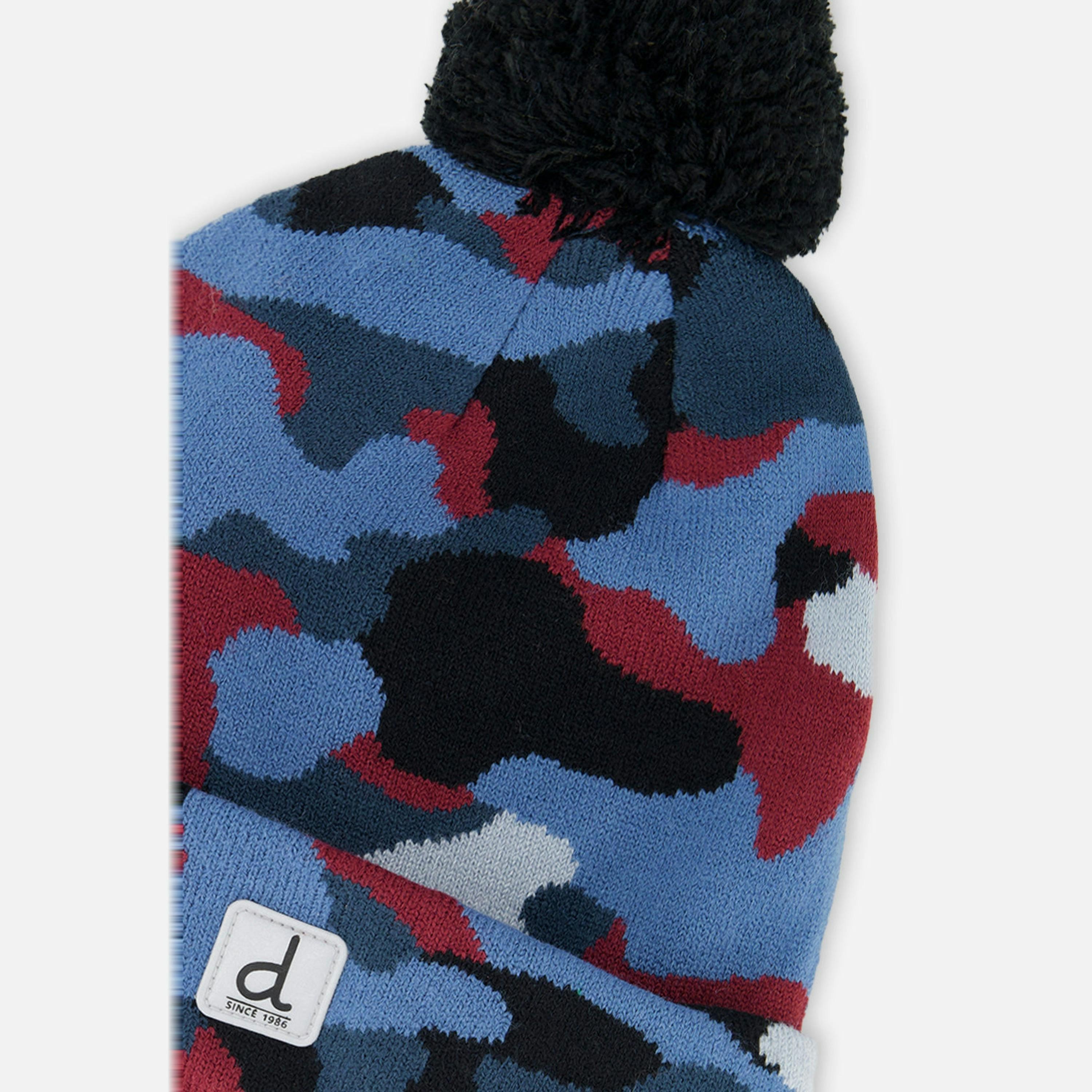 Winter Knit Hat With Pompom Blue And Red Camouflage , view 3 of 3