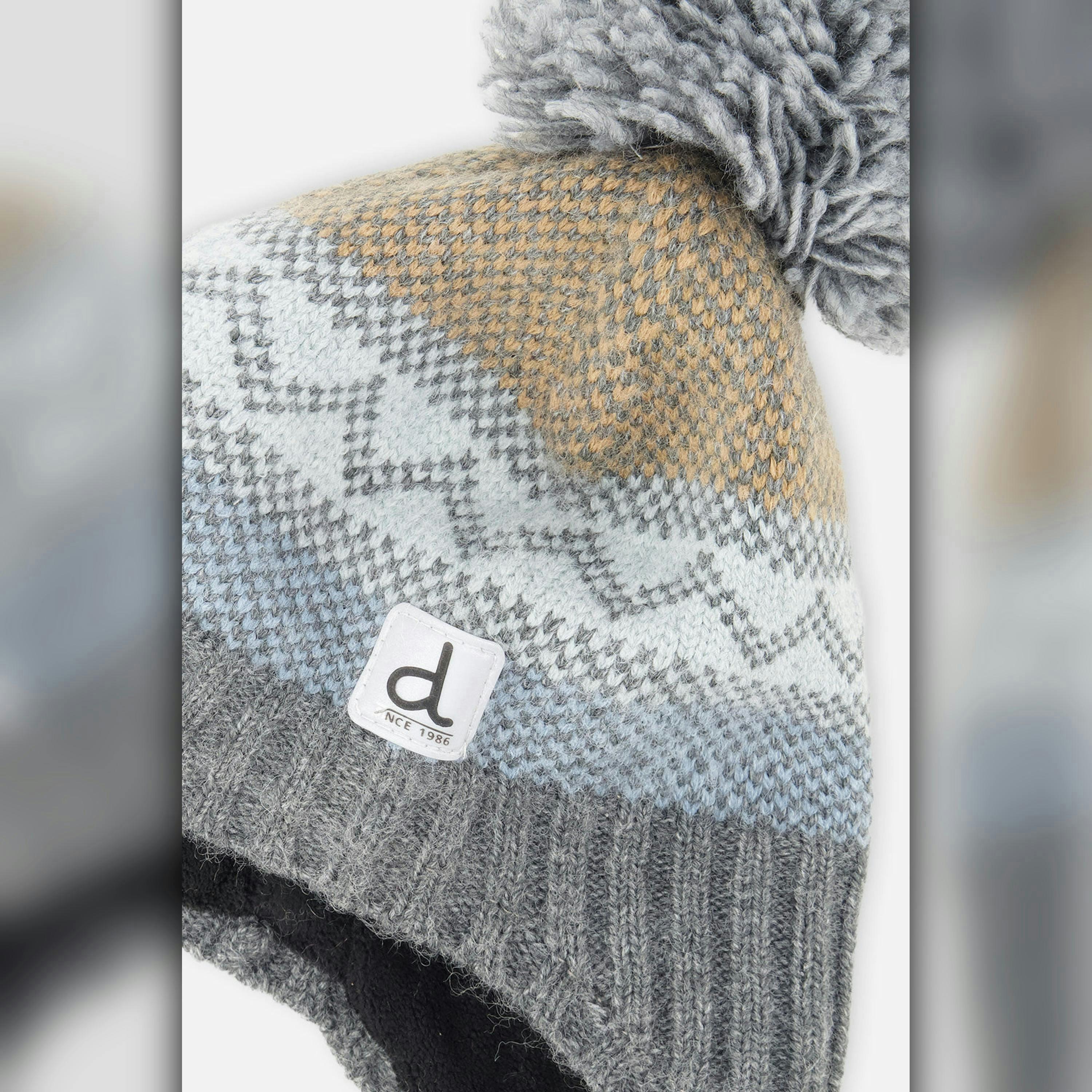 Baby Winter Peruvian Knit Hat with Pompom Grey and Blue Fair Isle , view 2 of 2