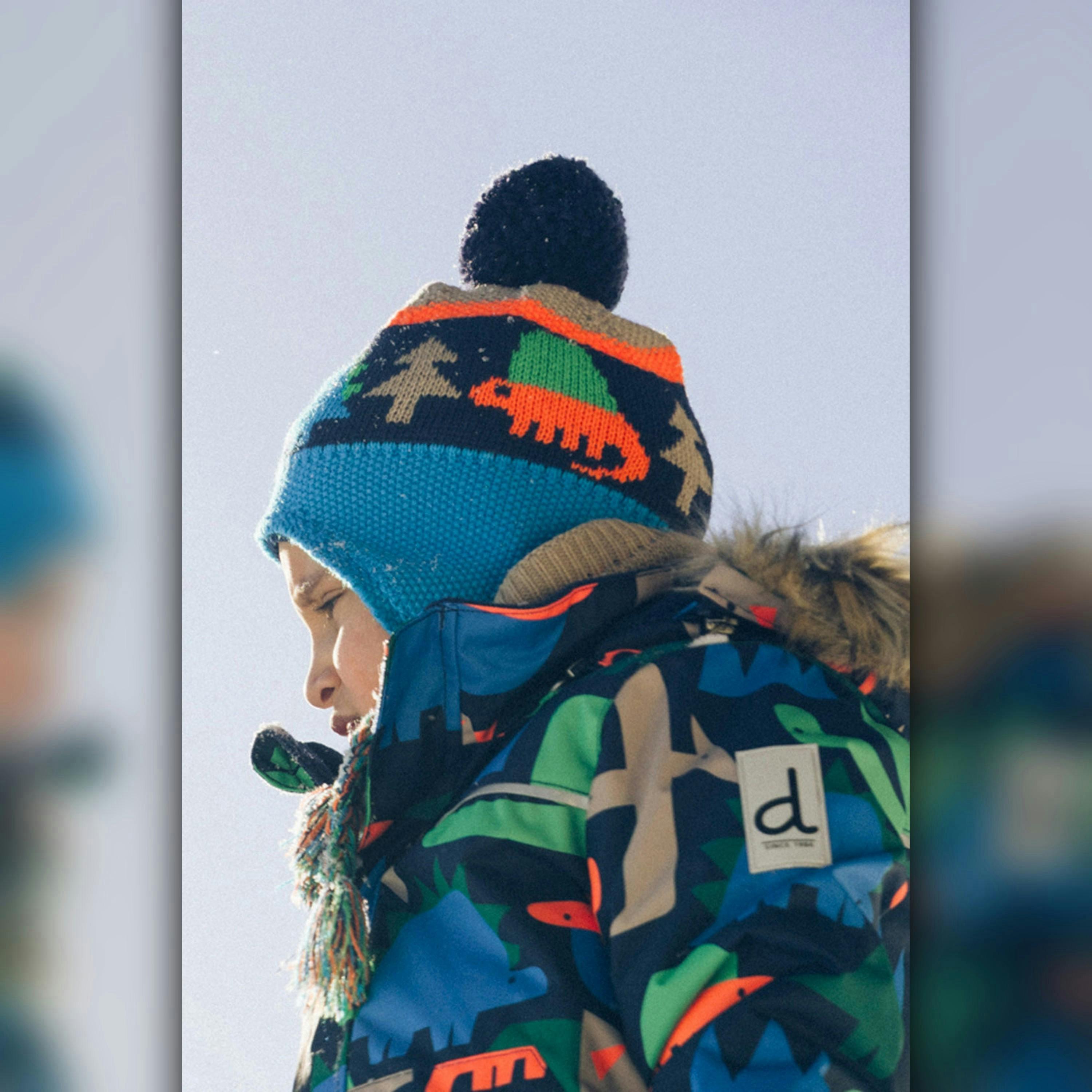 Winter Peruvian Knit Hat With Pompom Blue Dinosaur Print , view 2 of 4