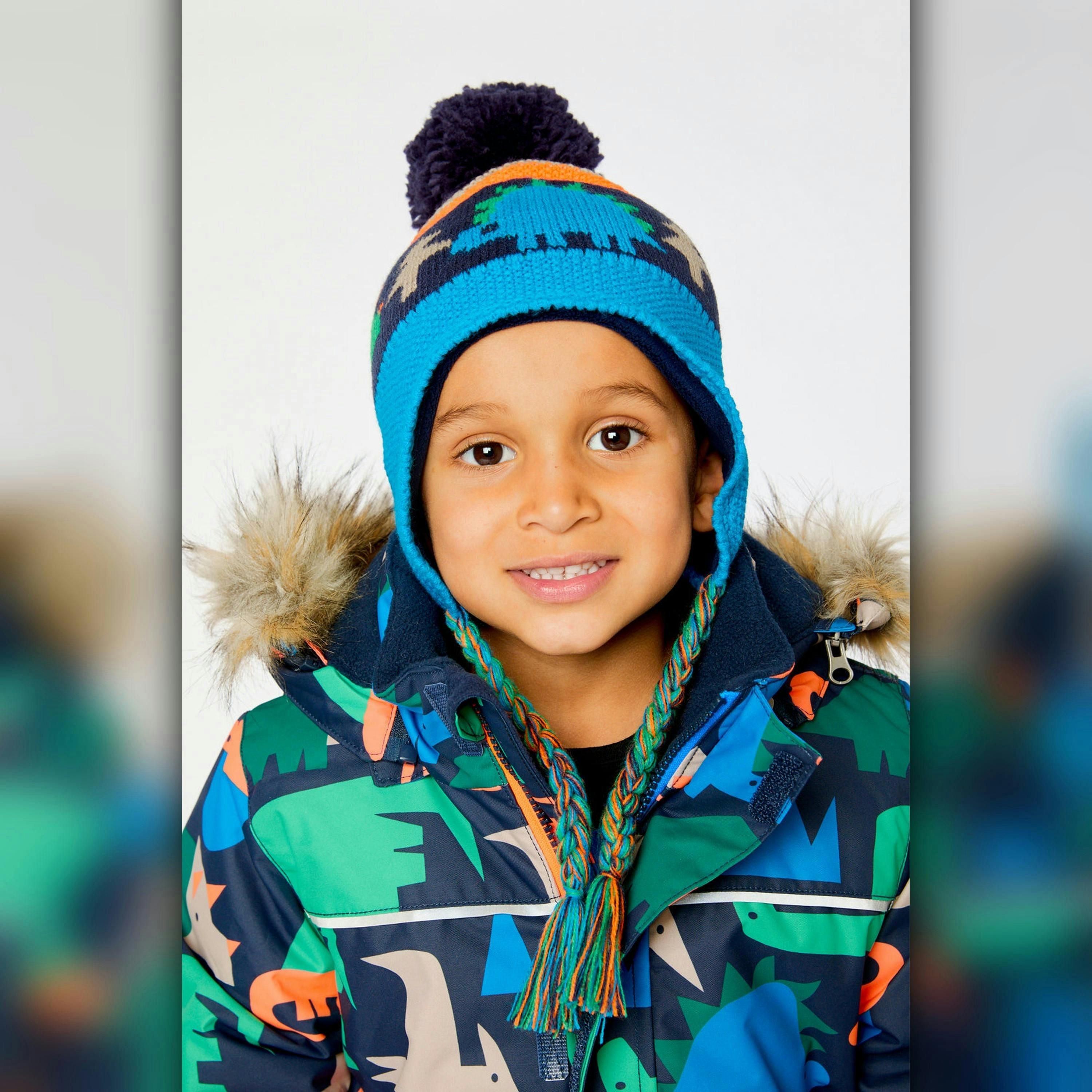 Winter Peruvian Knit Hat With Pompom Blue Dinosaur Print , view 3 of 4