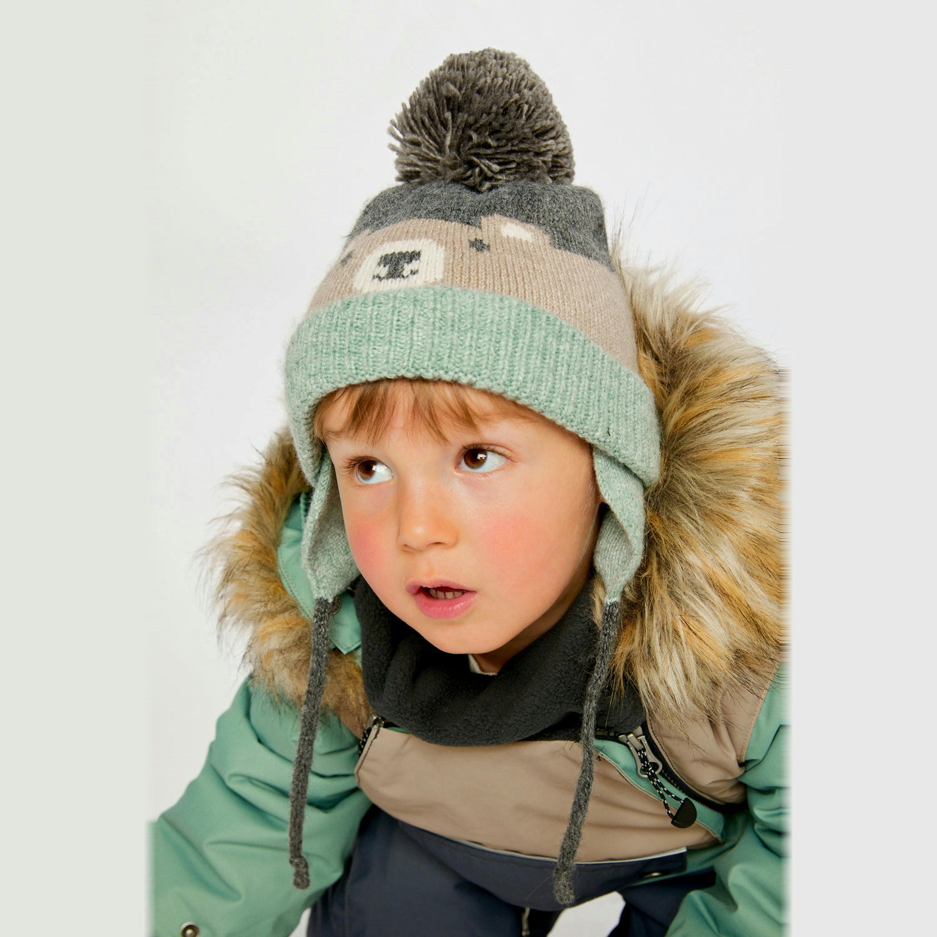 Winter Knit Hat With Teddy Bear Face And Ears Beige And Turquoise , view 2 of 3