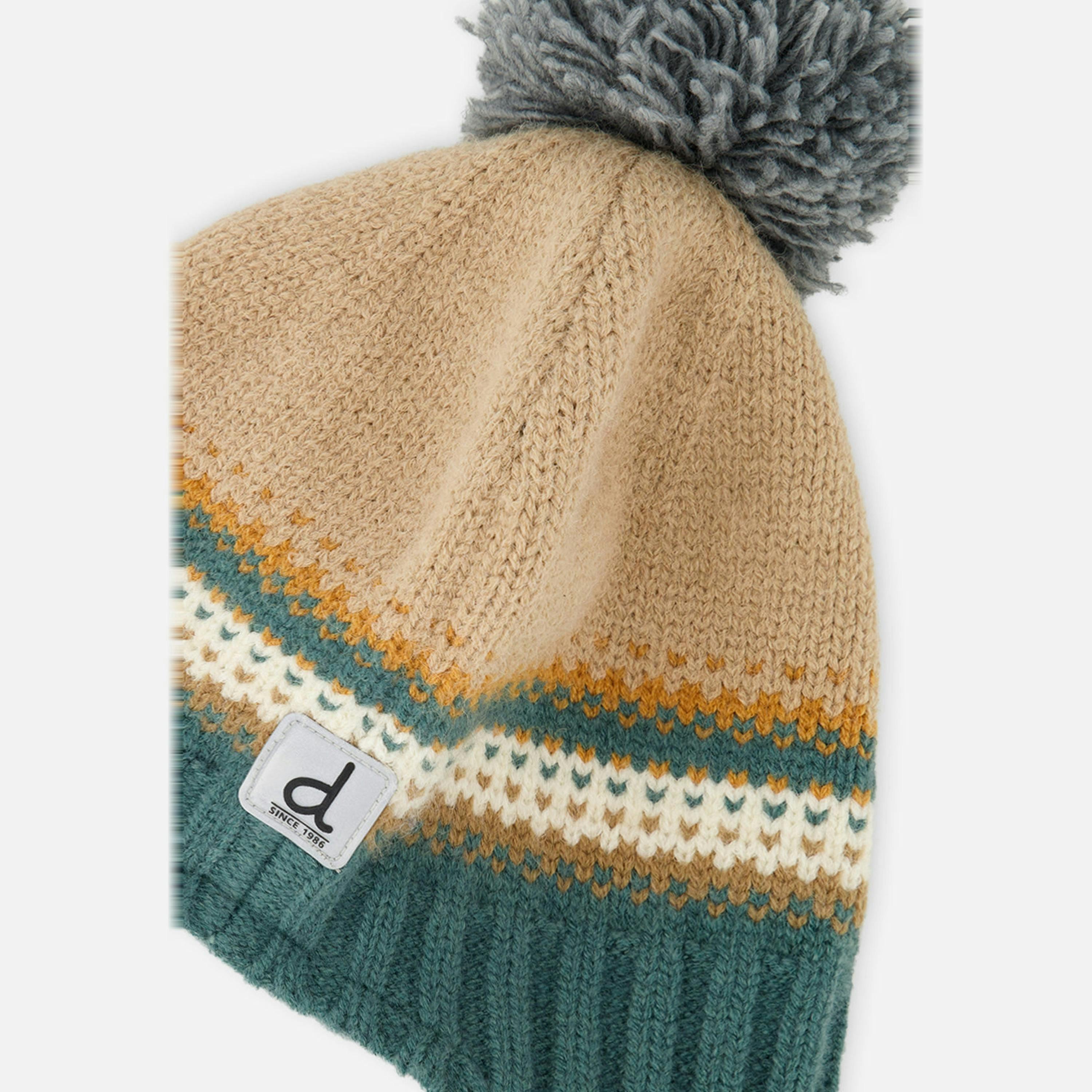Baby Winter Peruvian Knit Hat with Pompom Beige and Green Jacquard , view 2 of 2