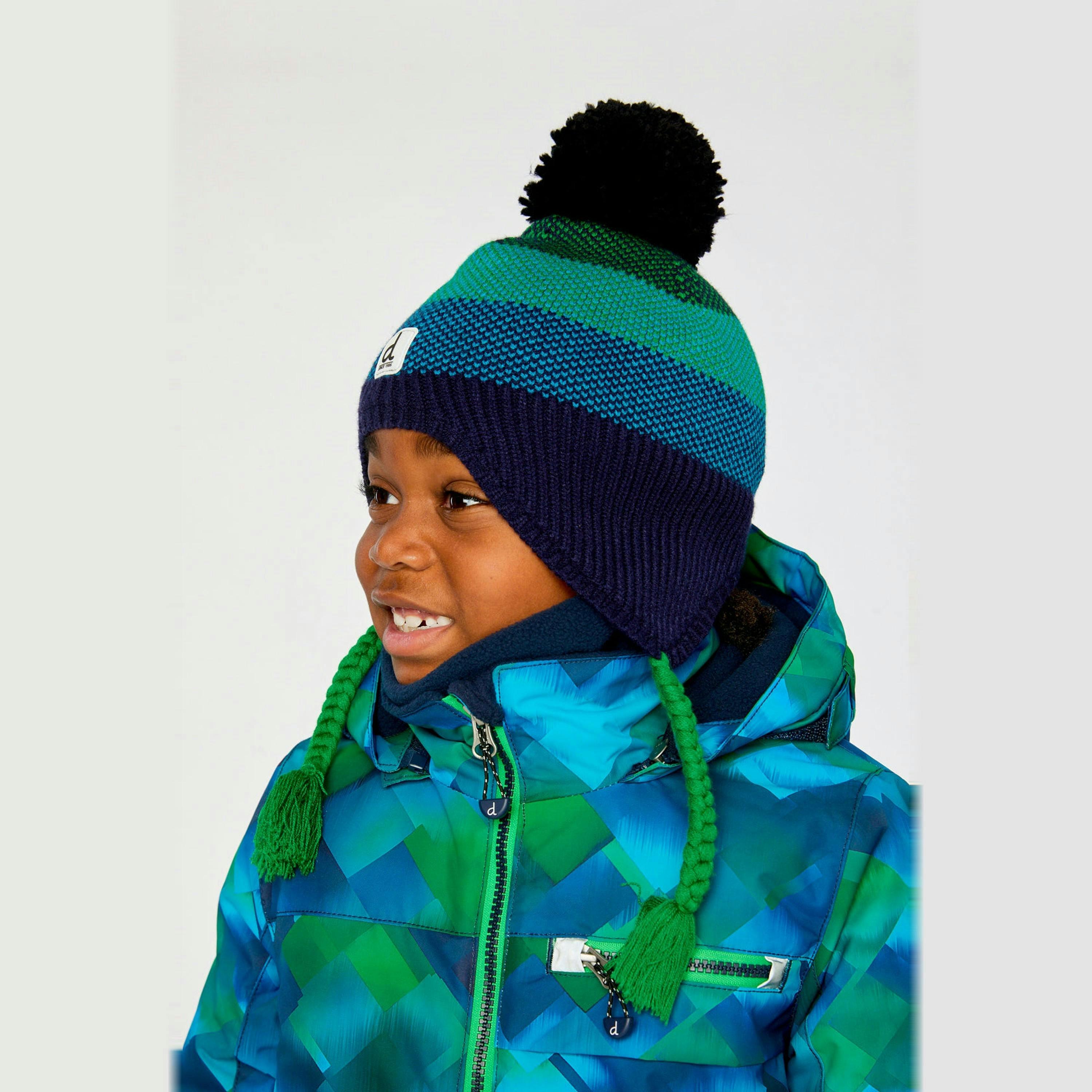 Winter Peruvian Knit Hat With Pompom Blue And Green Knit , view 2 of 3