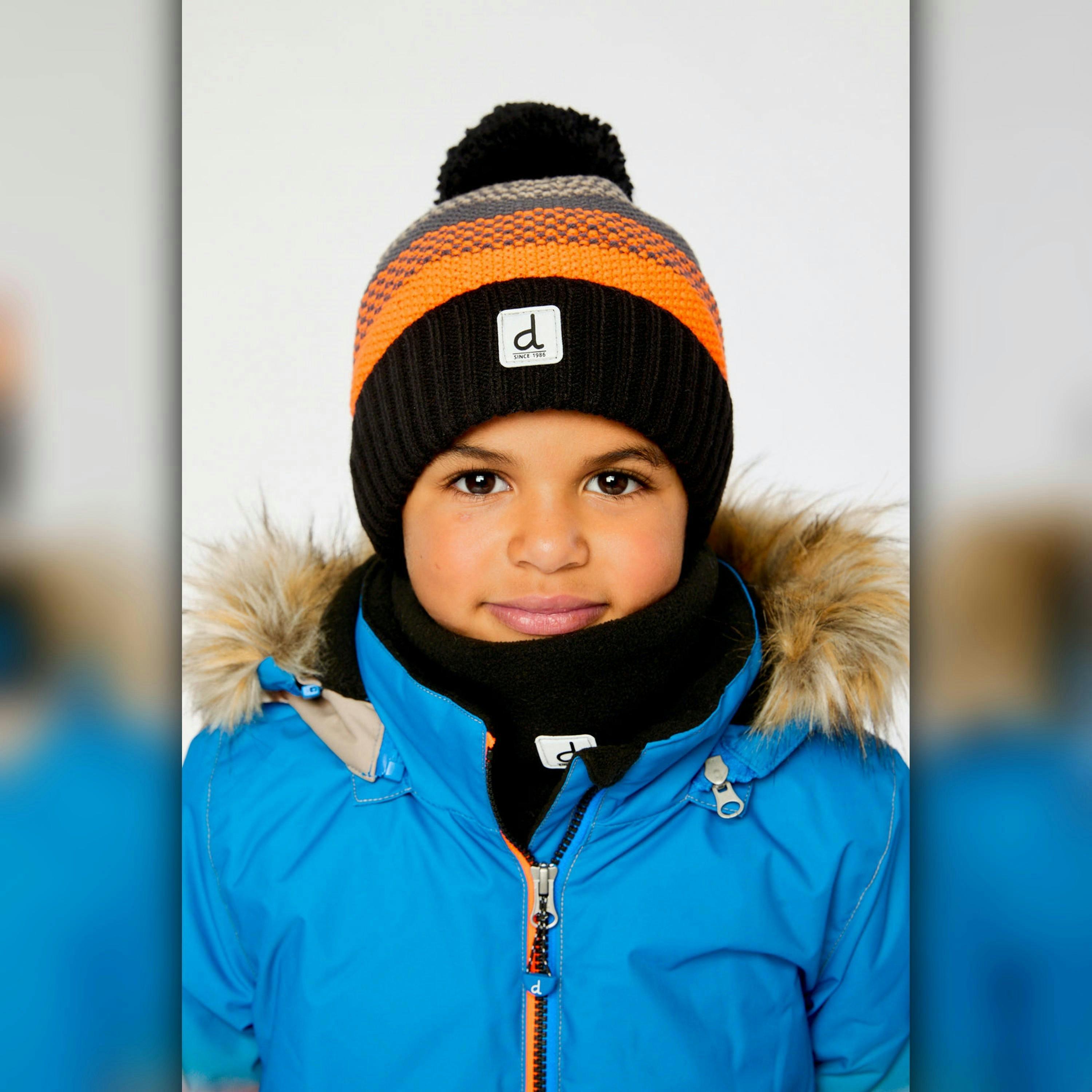 Winter Knit Hat With Pompom Grey And Orange Stripes , view 2 of 3