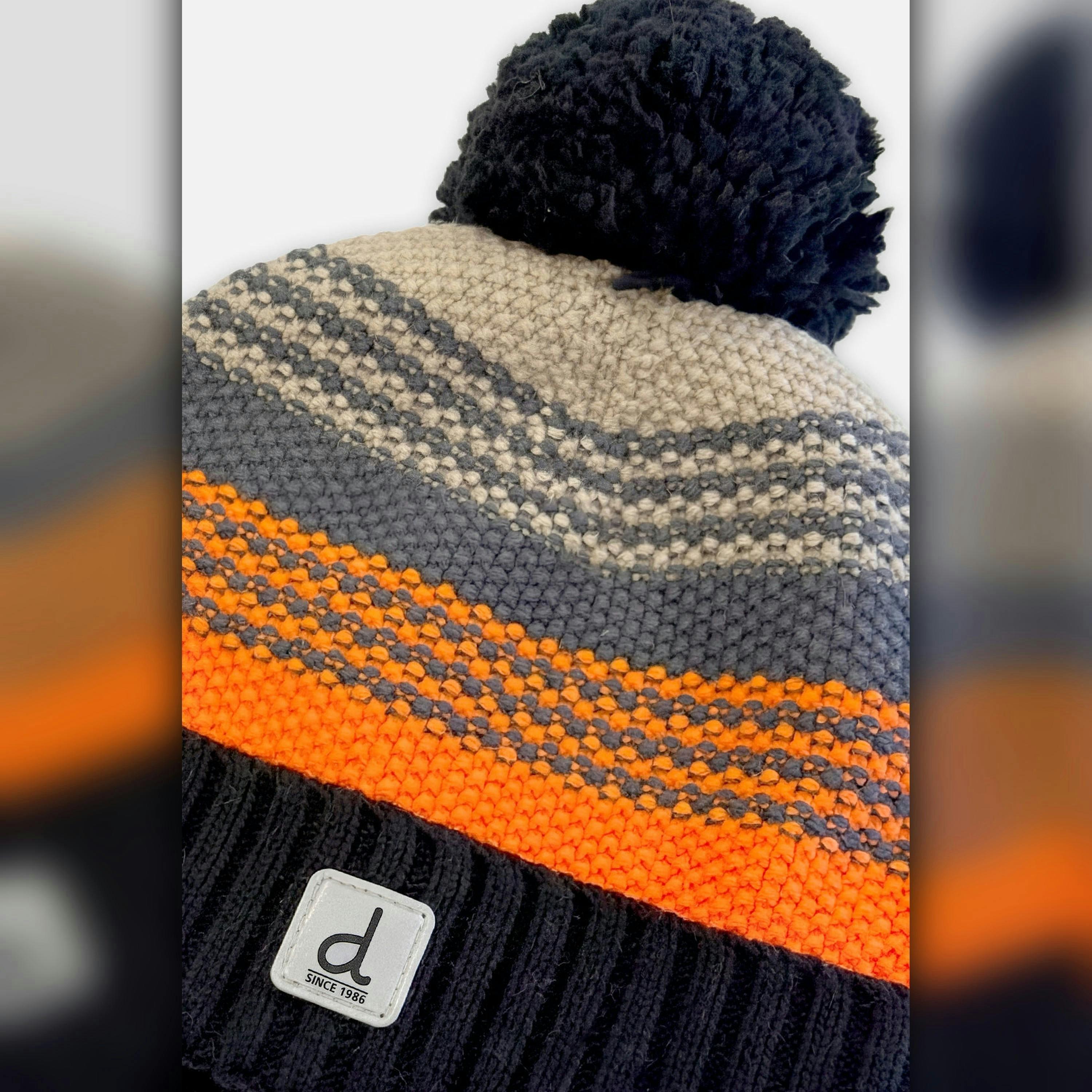 Winter Knit Hat With Pompom Grey And Orange Stripes , view 3 of 3