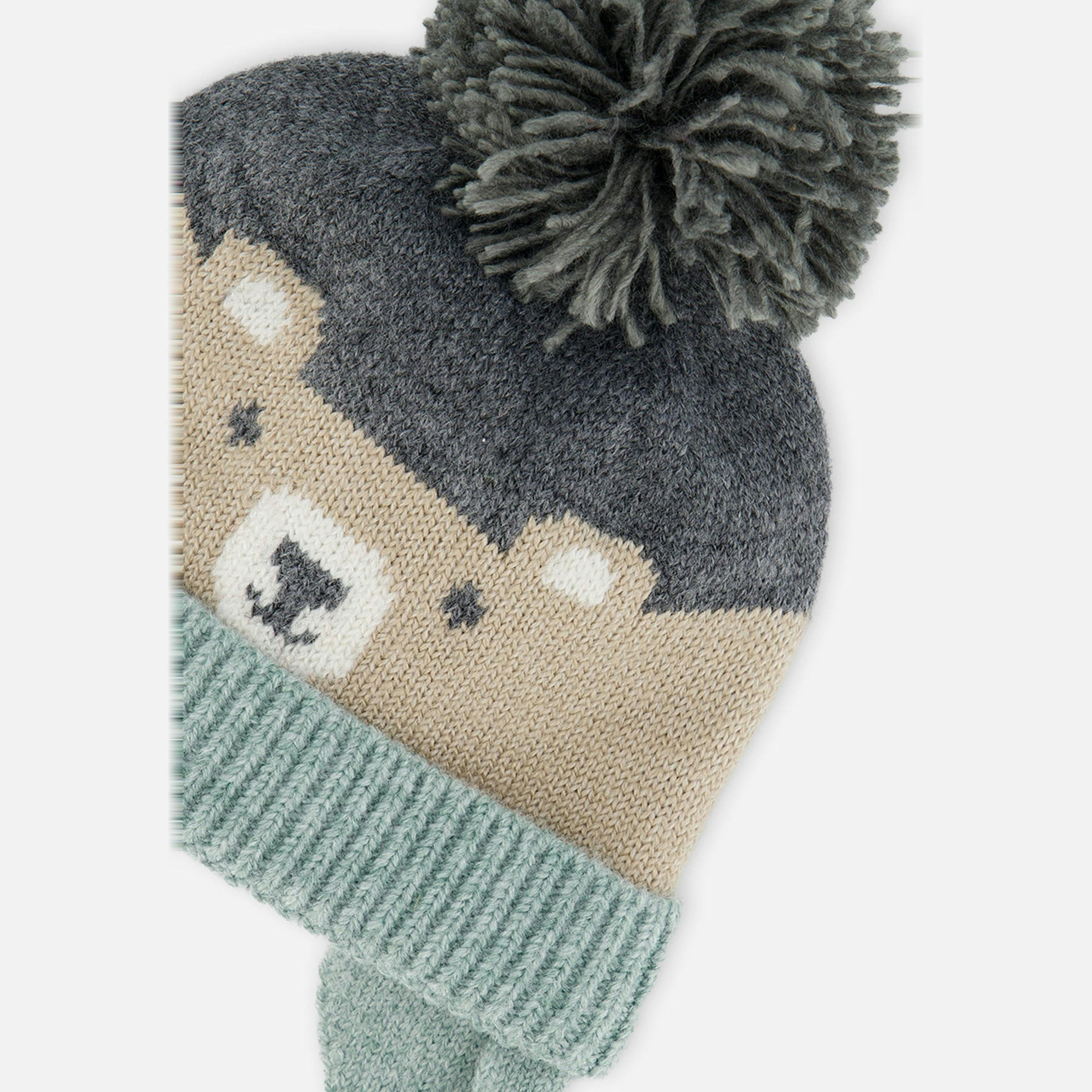 Baby Winter Knit Hat with Teddy Bear Face and Ears Beige and Turquoise , view 2 of 2