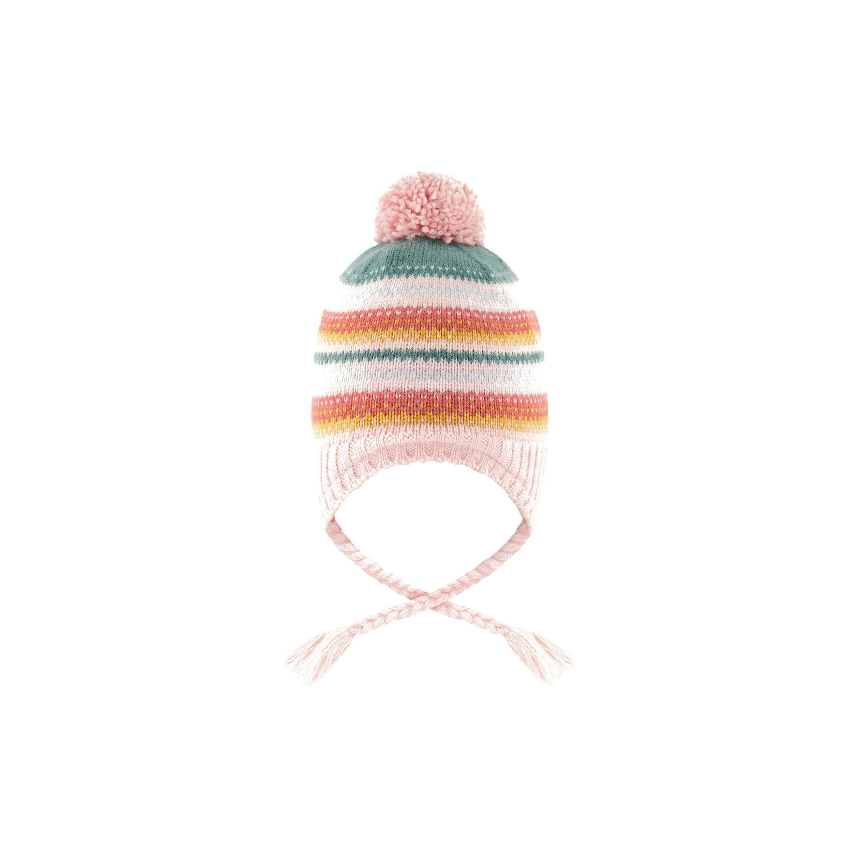 Baby Winter Peruvian Knit Hat with Pompom Pink and Green Jacquard , view 2 of 3