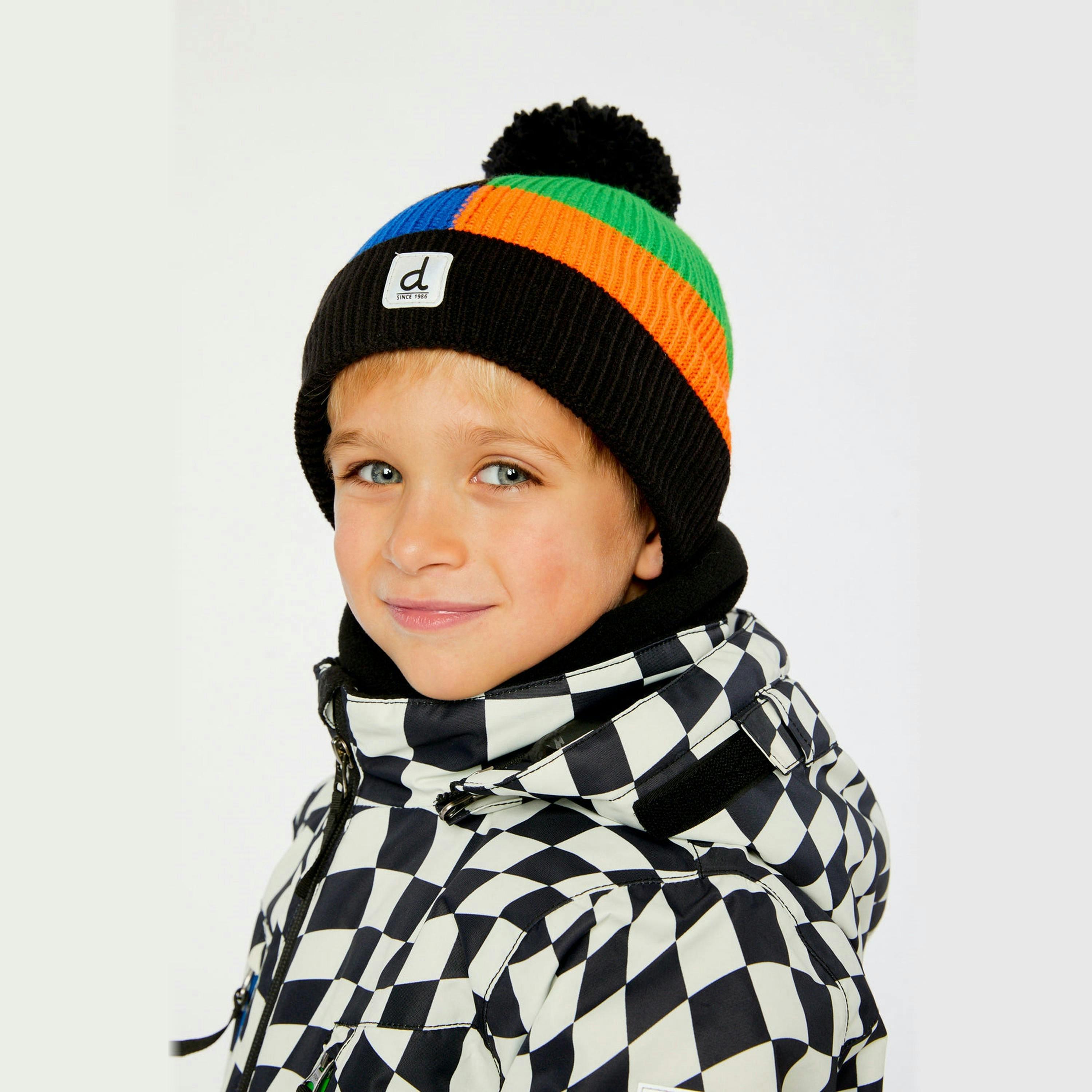 Winter Knit Hat With Pompom Black, Blue, Green And Orange Tiles , view 2 of 3