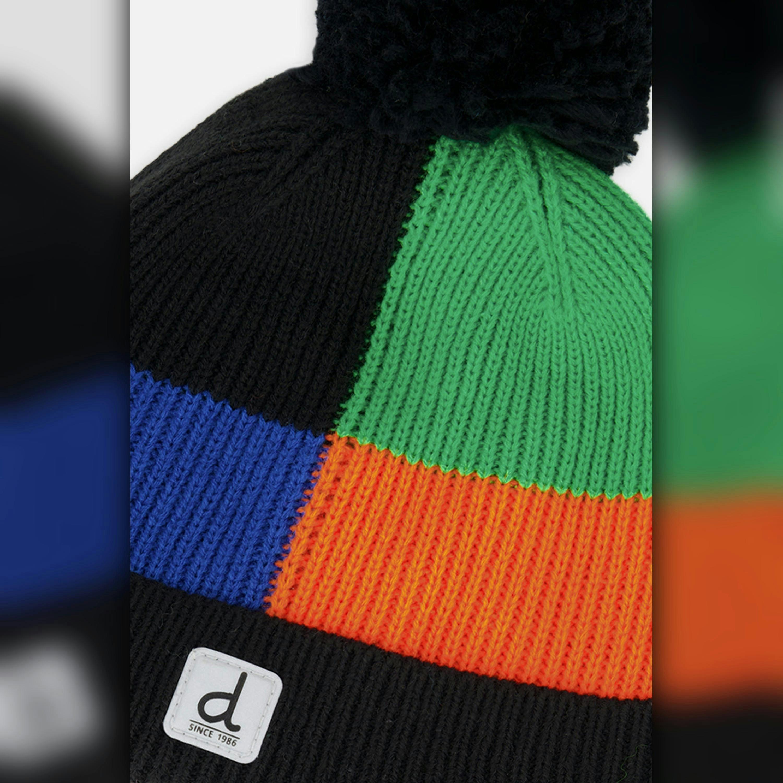 Winter Knit Hat With Pompom Black, Blue, Green And Orange Tiles , view 3 of 3