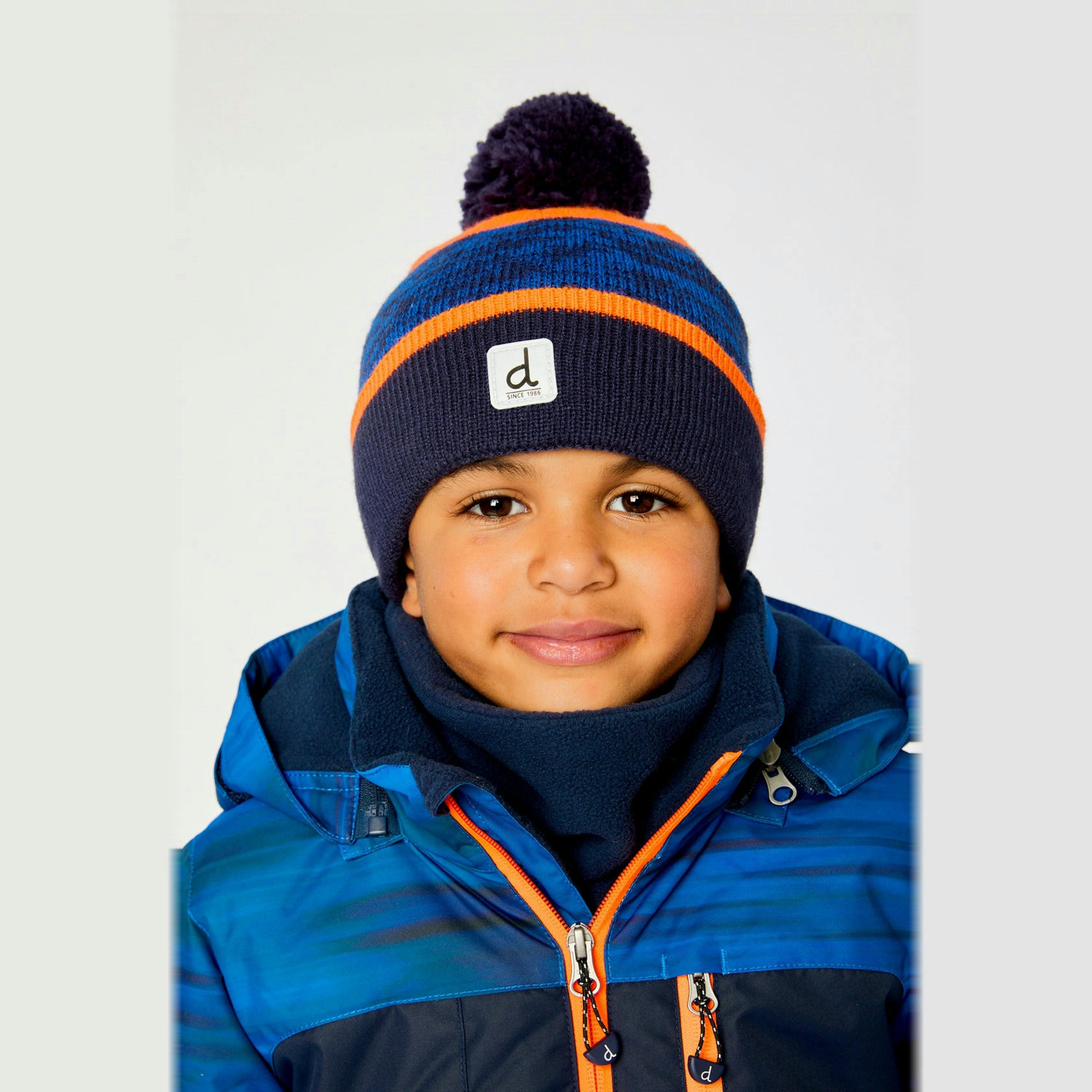 Winter Knit Hat With Pompom Color Block Orange And Blue , view 2 of 3