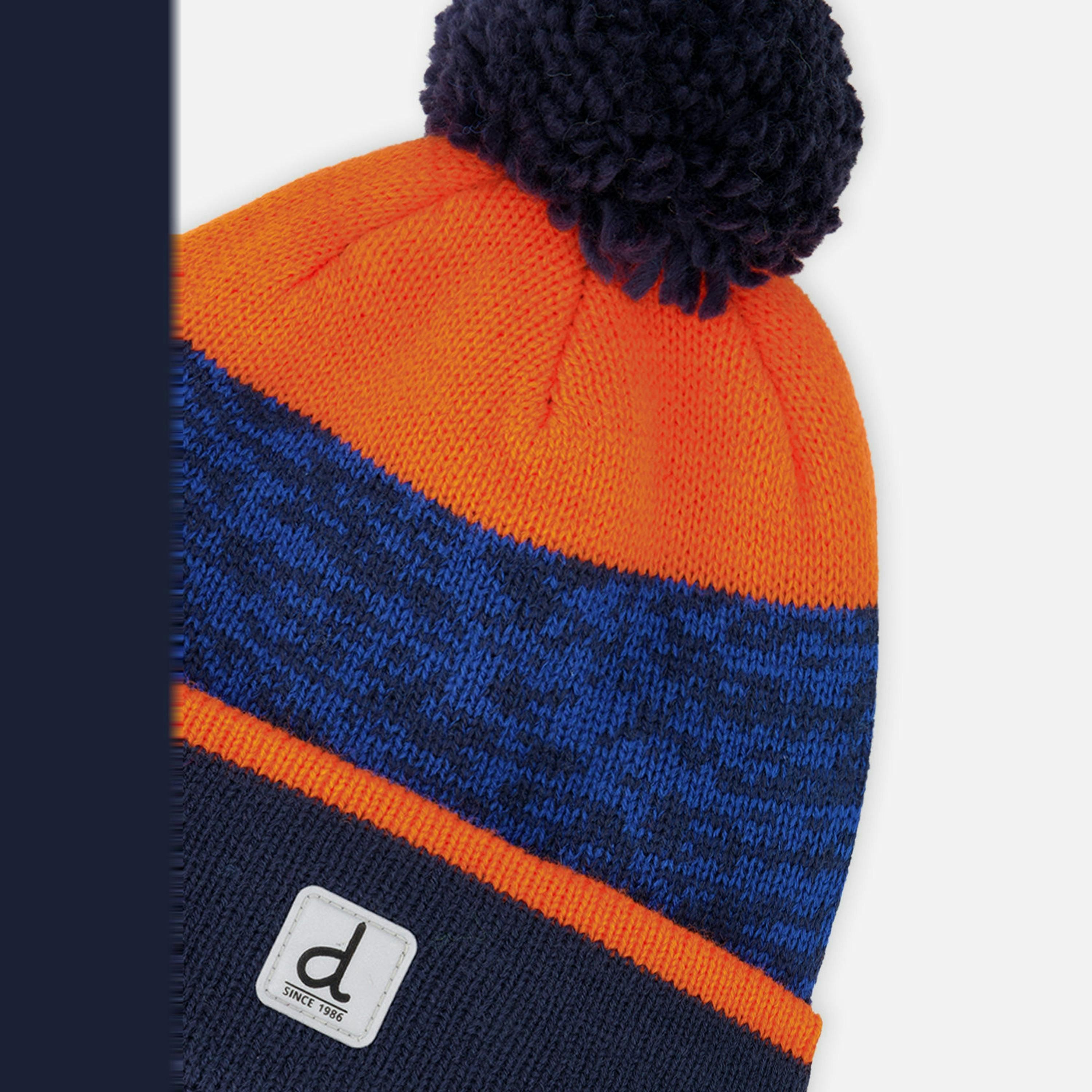Winter Knit Hat With Pompom Color Block Orange And Blue , view 3 of 3