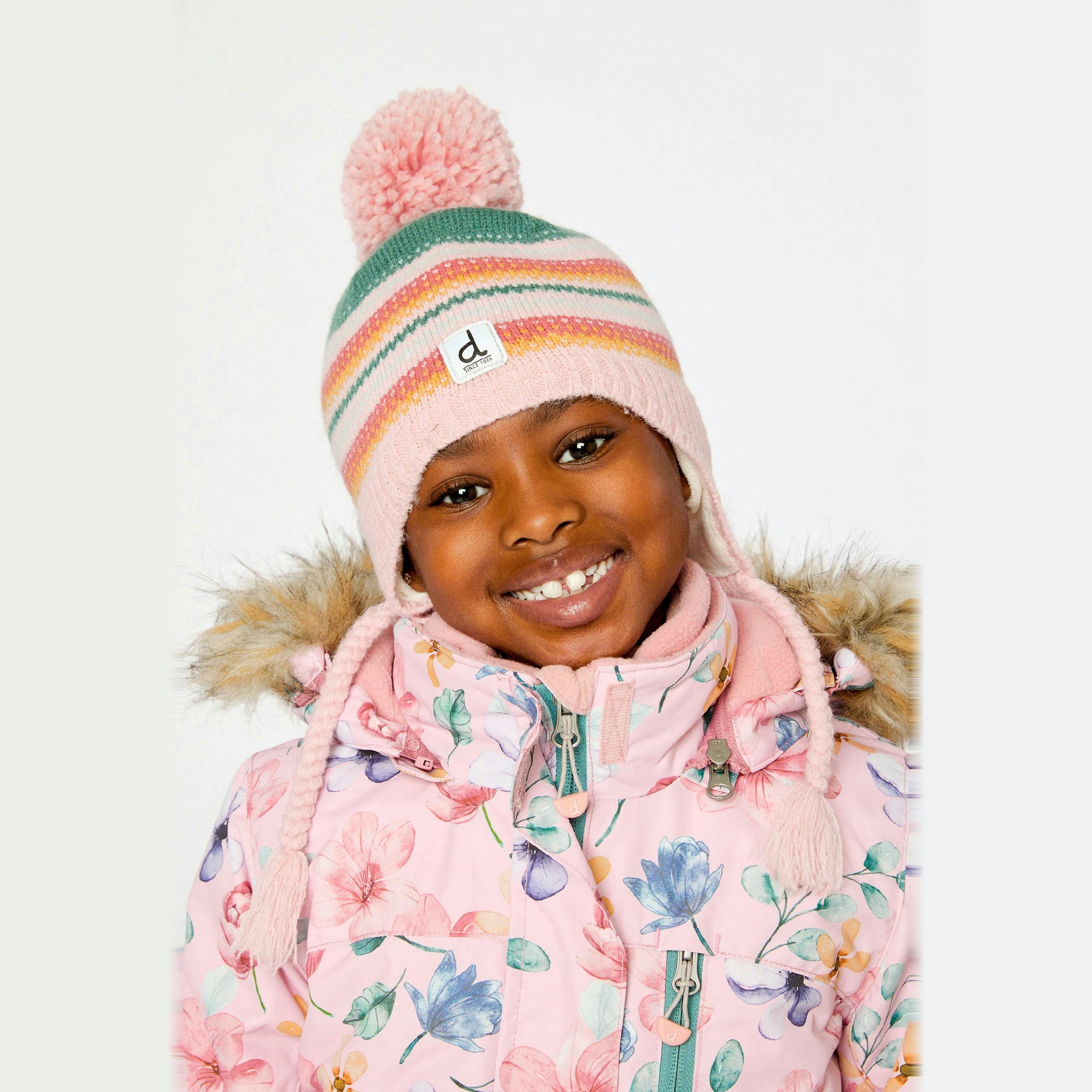 Winter Peruvian Knit Hat With Pompom Pink And Green Jacquard , view 2 of 4