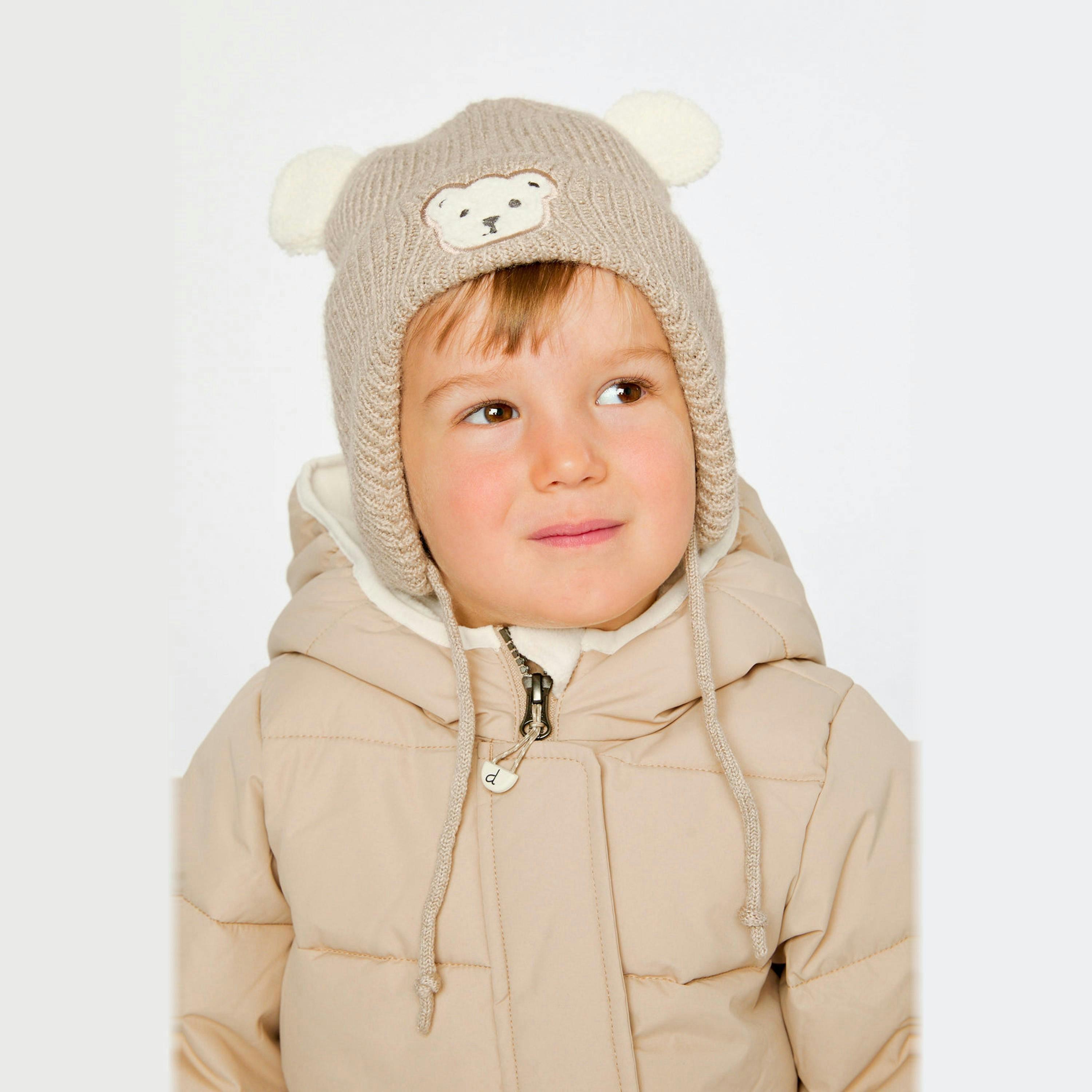 Baby Winter Knit Hat With Ear Flaps And Ears Light Taupe , view 2 of 3