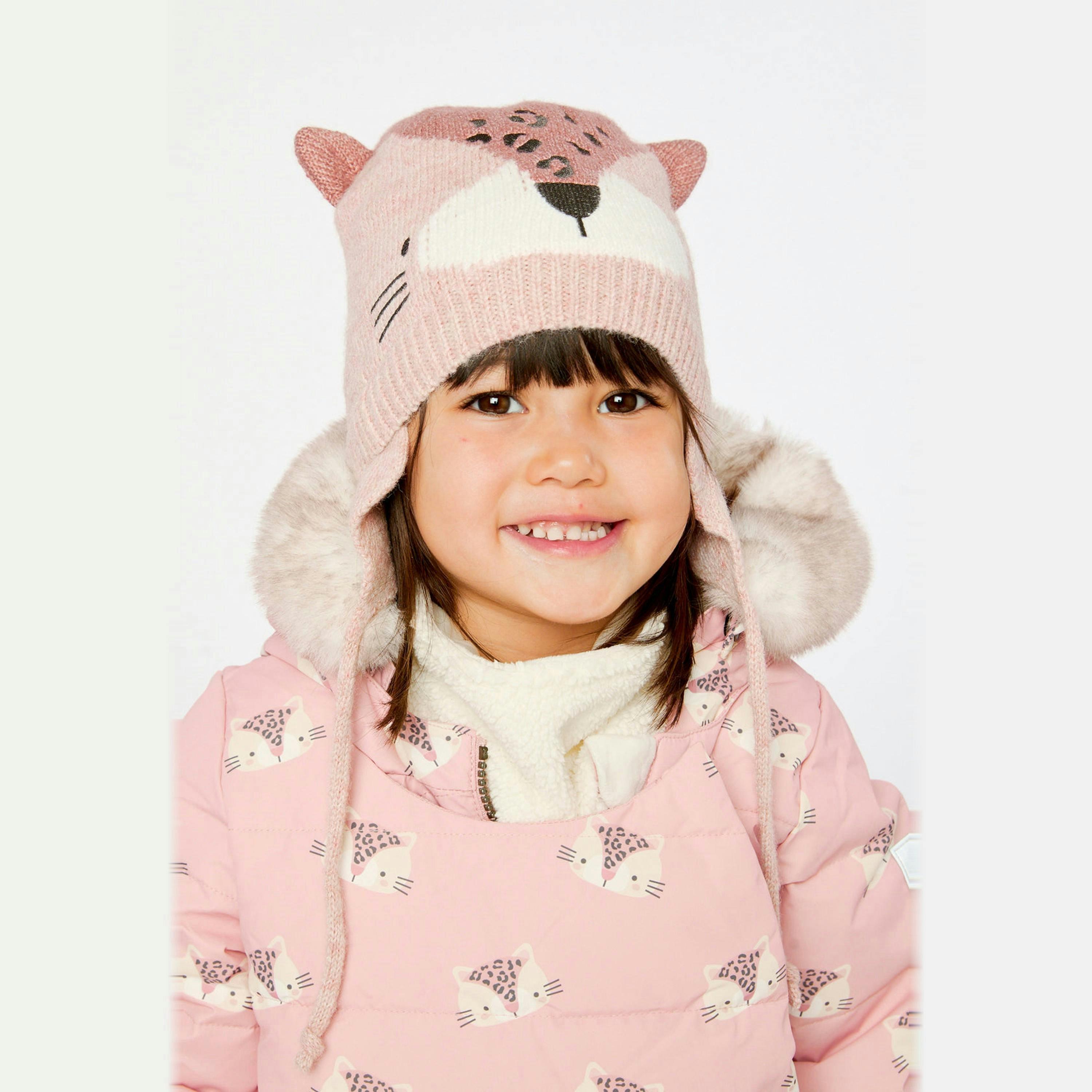 Baby Leopard Winter Knit Hat With Ear Flaps And Ears Pale Dusty Pink , view 2 of 3