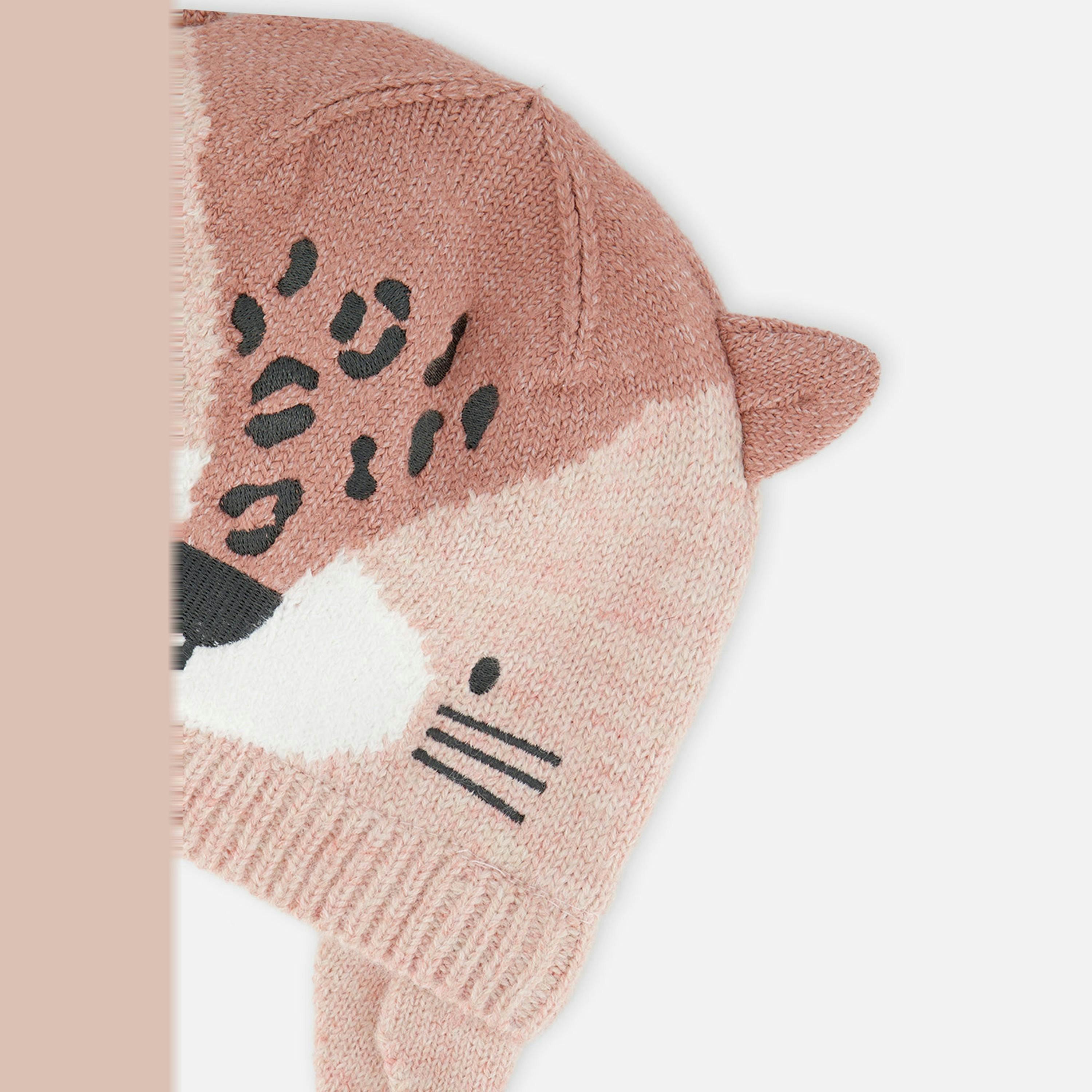Baby Leopard Winter Knit Hat With Ear Flaps And Ears Pale Dusty Pink , view 3 of 3