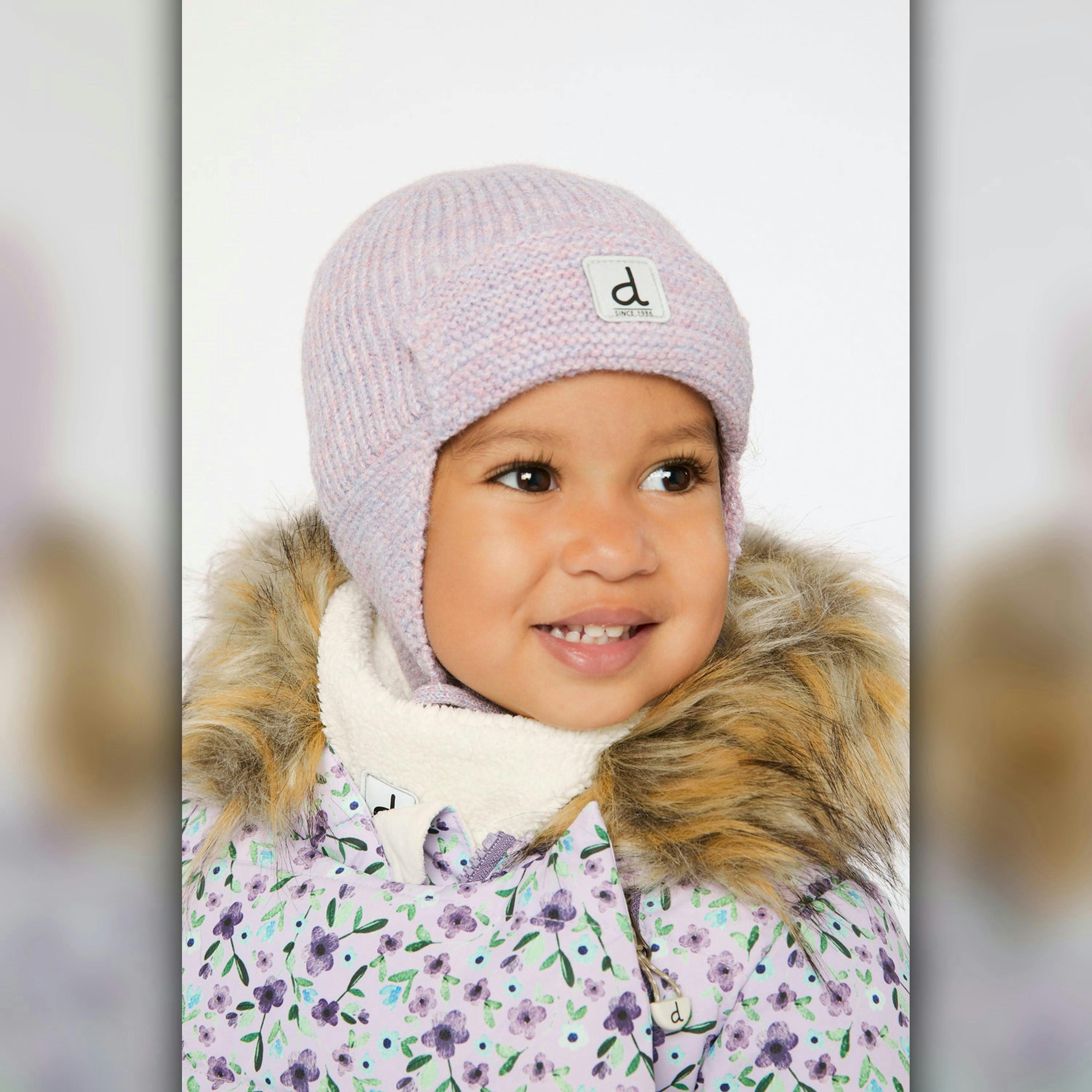 Baby Winter Knit Hat With Ear Flaps And Strings Lavender , view 2 of 3