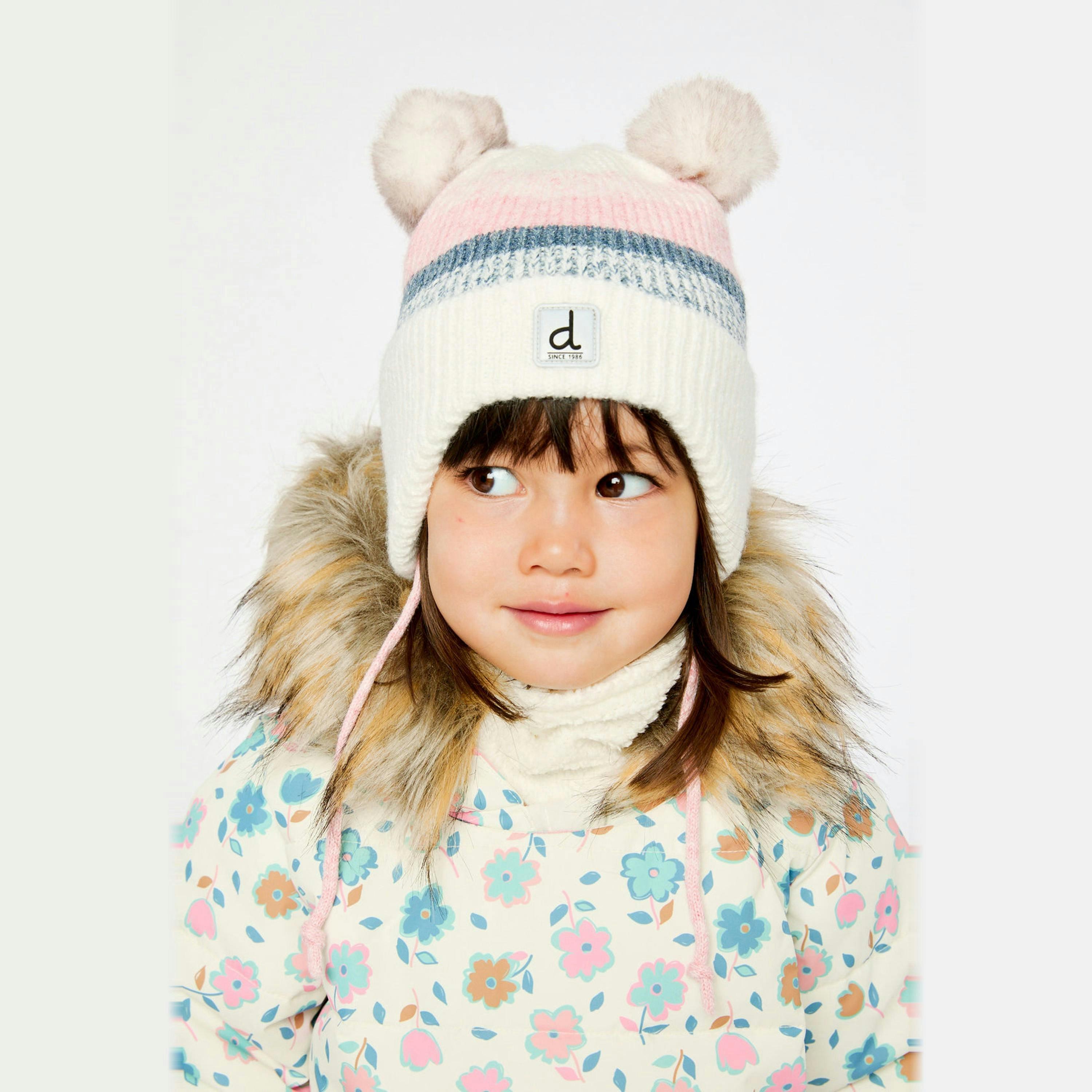 Baby Winter Knit Hat With Ear Flaps And Pompoms Off-White, Pink And Blue , view 2 of 3