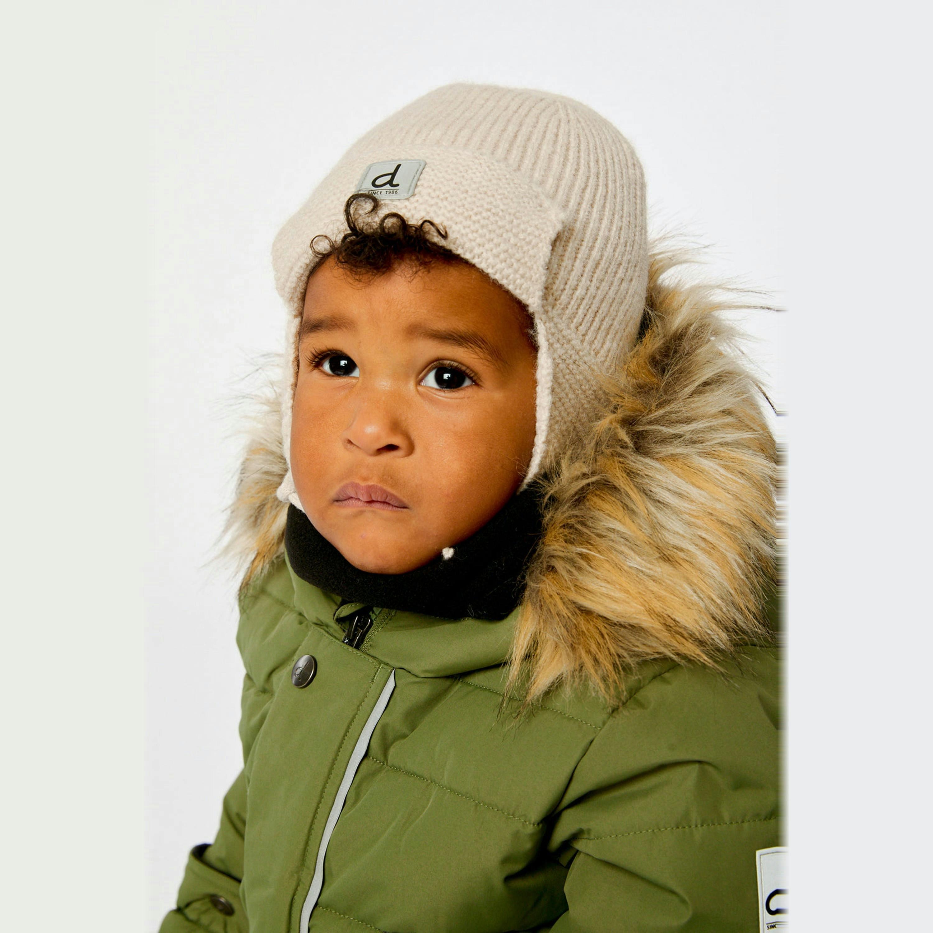 Baby Winter Knit Hat With Ear Flaps And Strings Beige , view 2 of 3