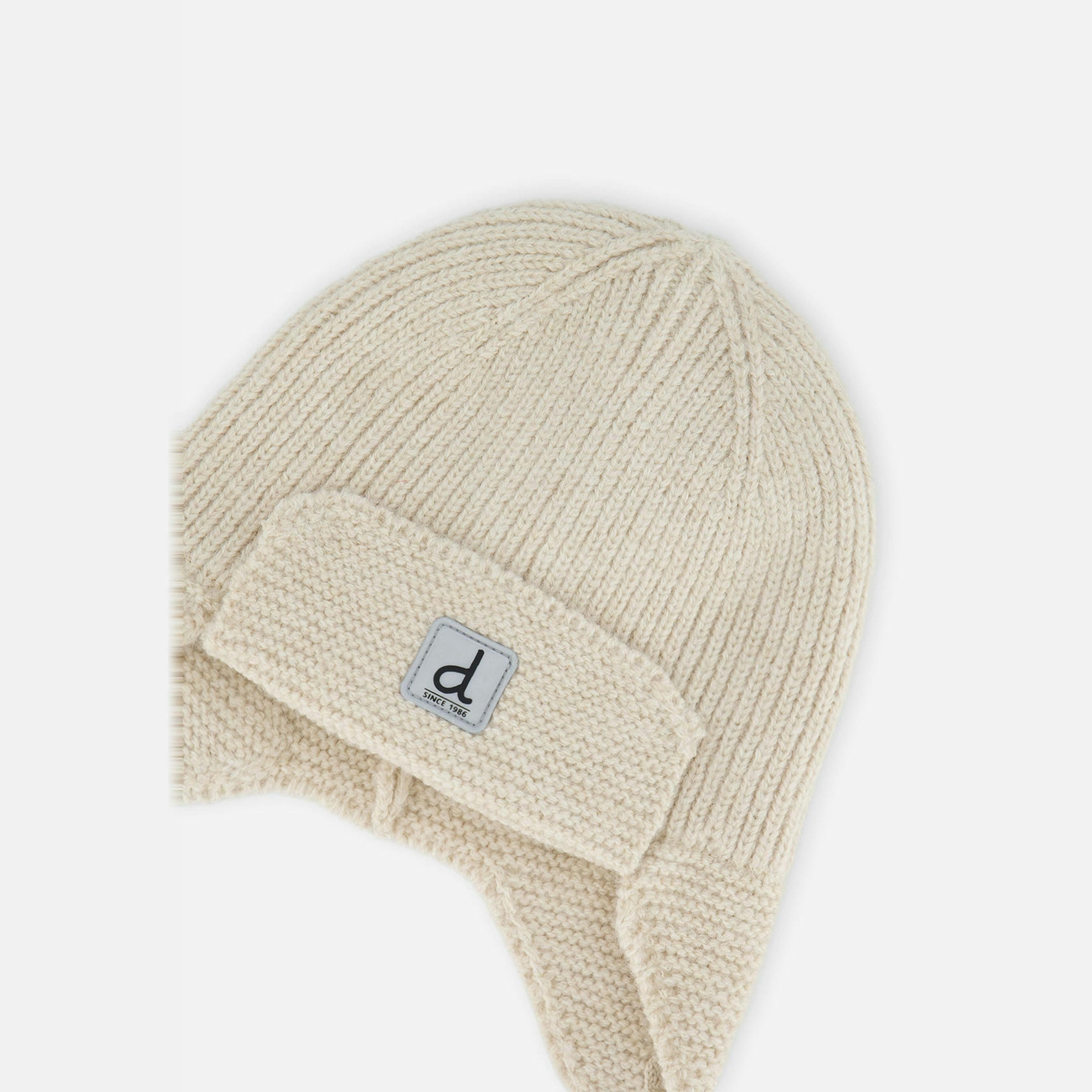 Baby Winter Knit Hat With Ear Flaps And Strings Beige , view 3 of 3