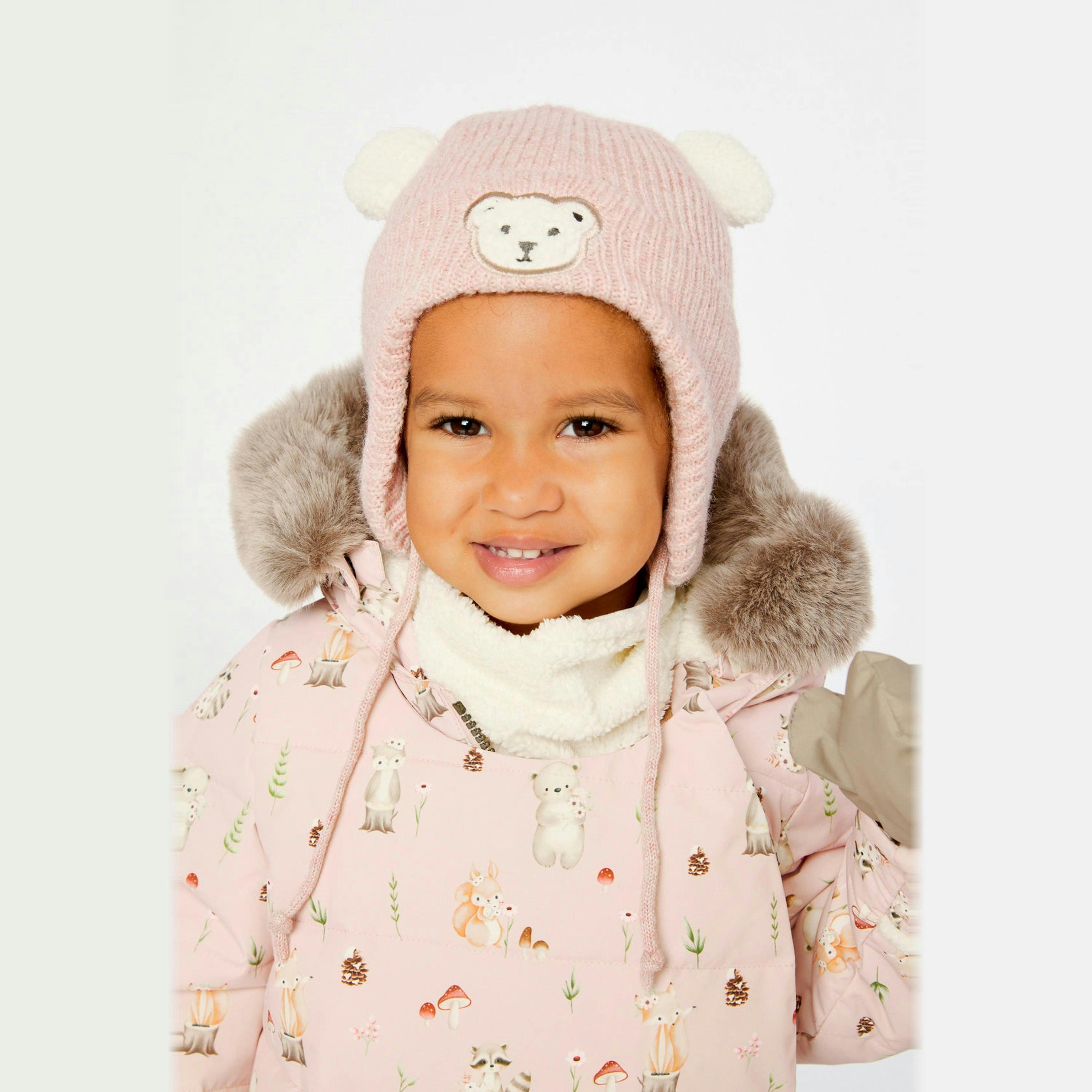 Baby Winter Knit Hat With Ear Flaps And Ears Pale Dusty Pink , view 2 of 3