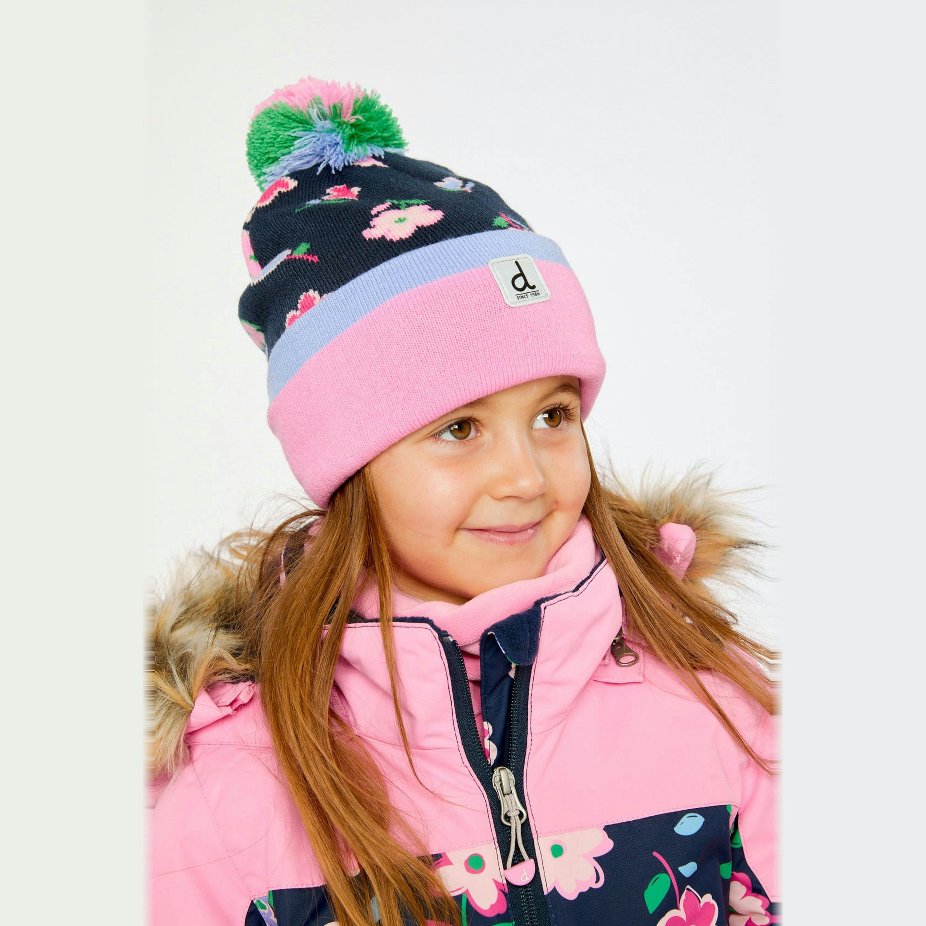 Winter Knit Hat With Pompom Blue Floral Print , view 2 of 3