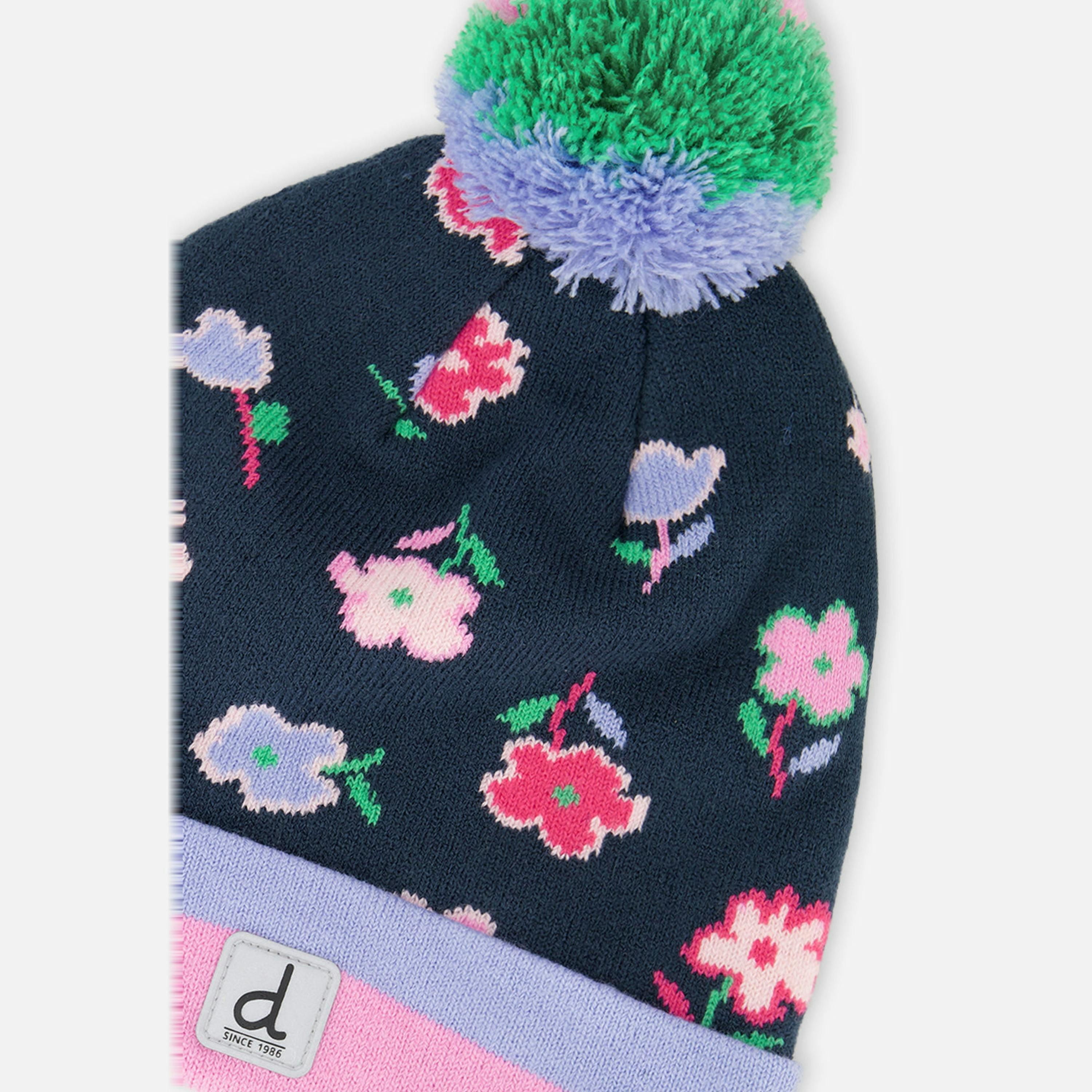 Winter Knit Hat With Pompom Blue Floral Print , view 3 of 3