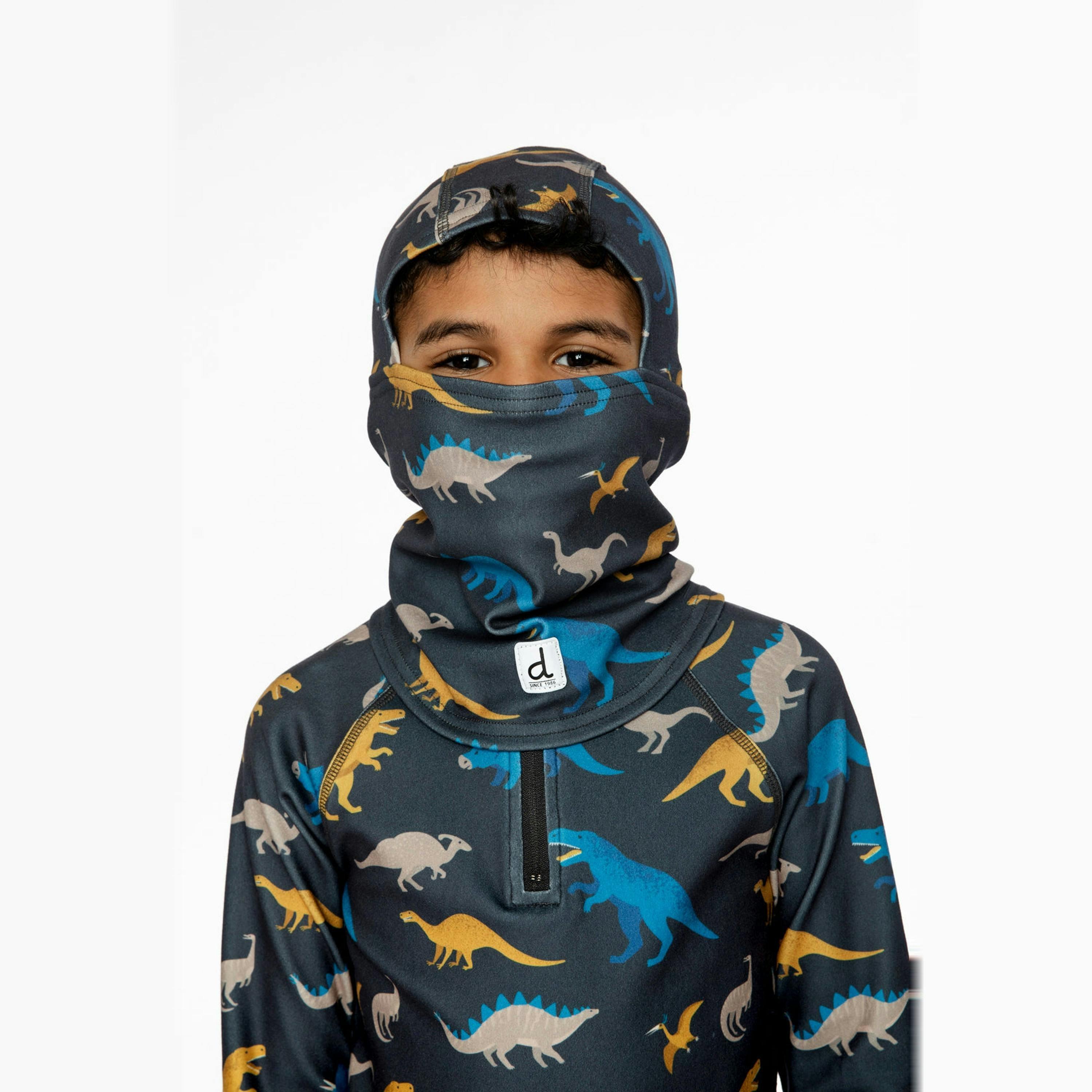 Brushed Jersey Balaclava Grey And Blue Dinosaur Print , view 2 of 3