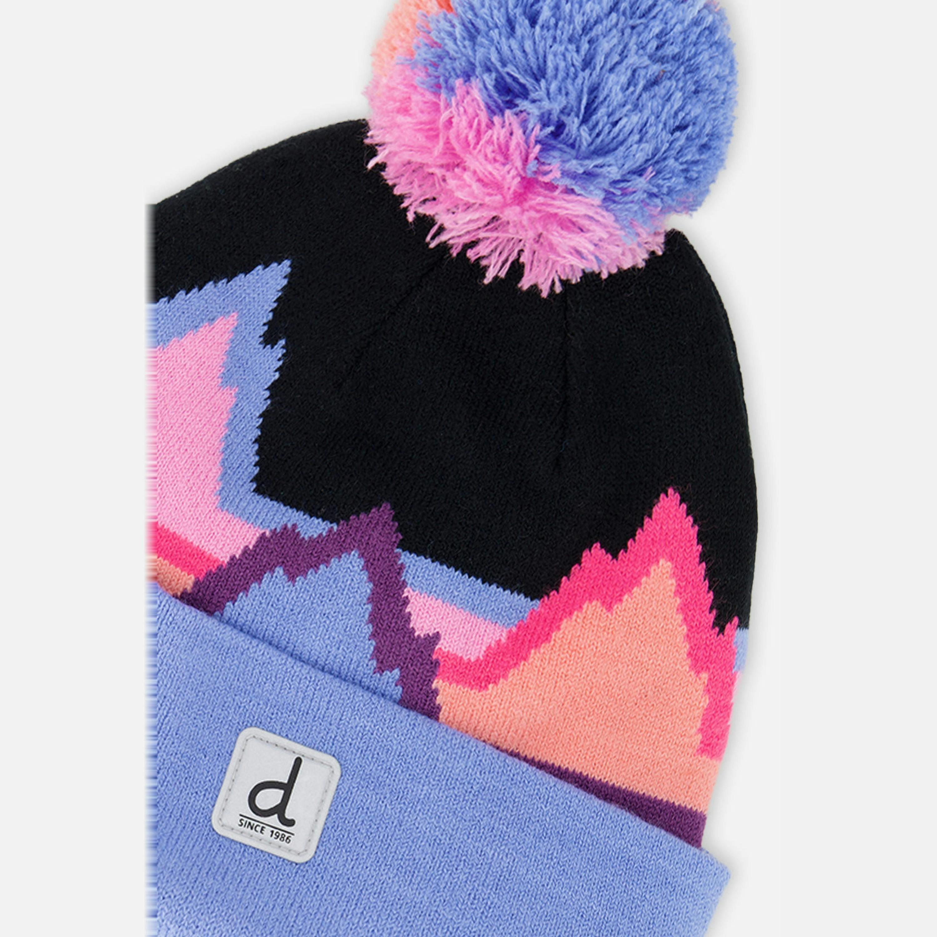 Winter Knit Hat With Pompom Black Printed Mountains , view 3 of 3