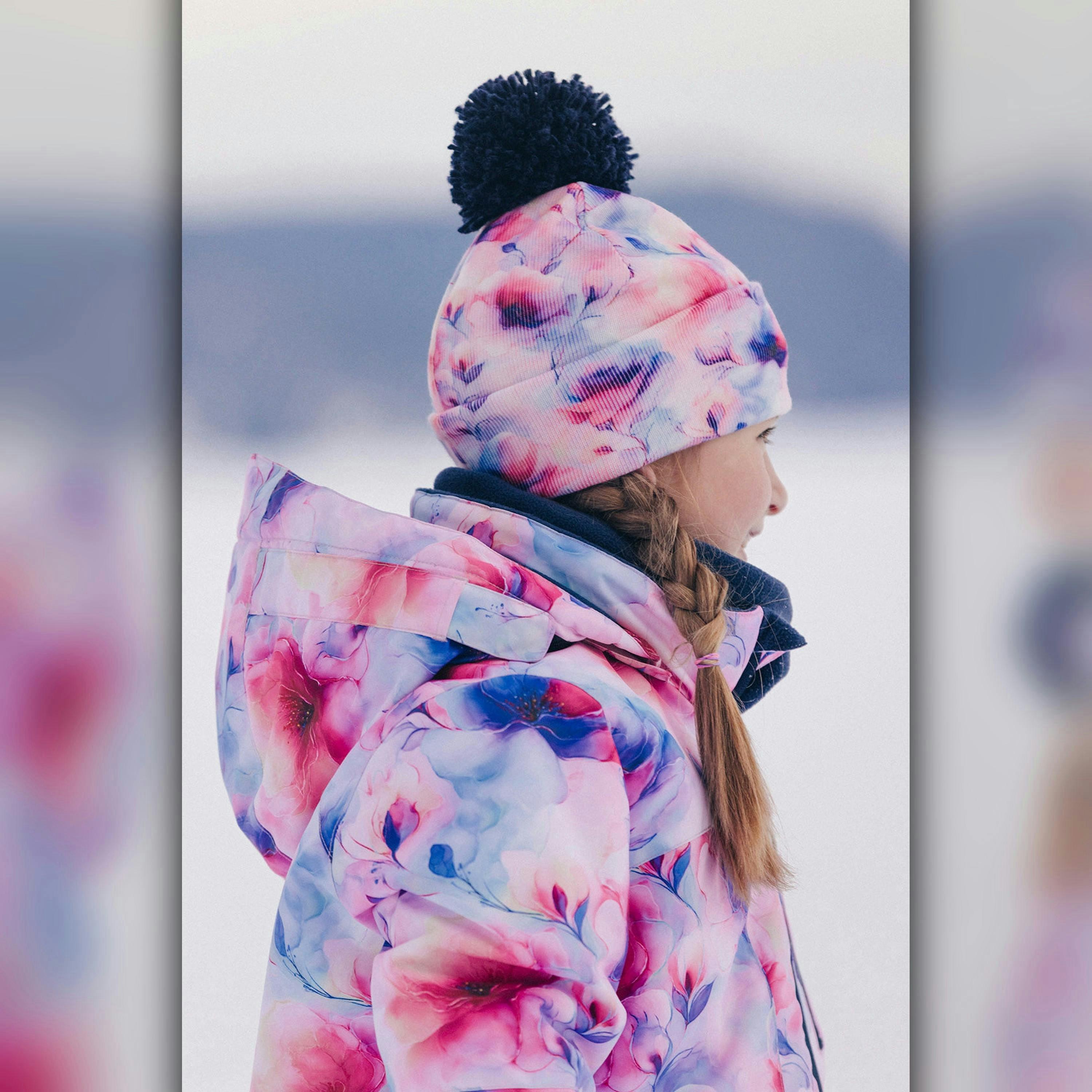 Winter Knit Hat With Pompom Mauve Printed Flowers , view 2 of 4