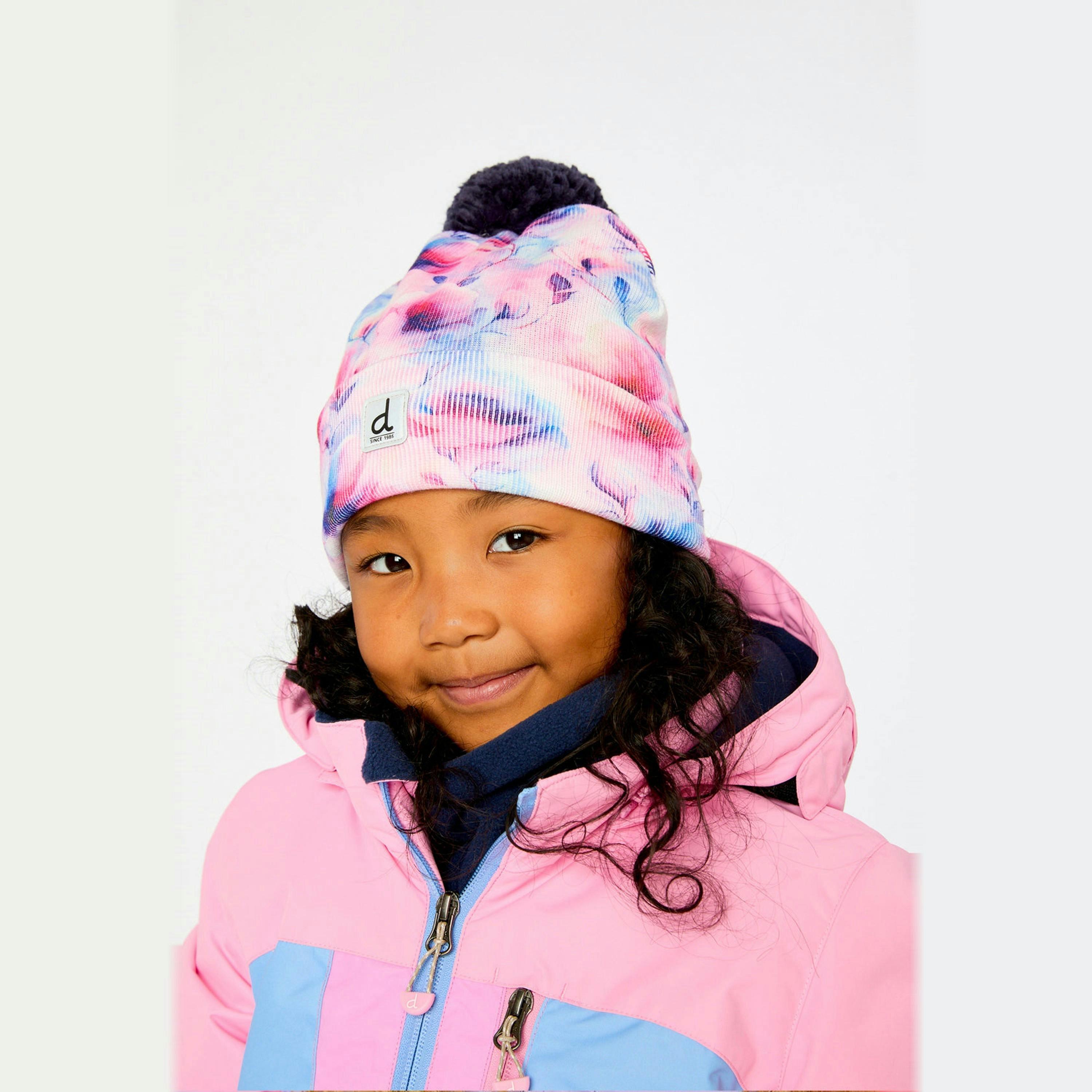 Winter Knit Hat With Pompom Mauve Printed Flowers , view 3 of 4