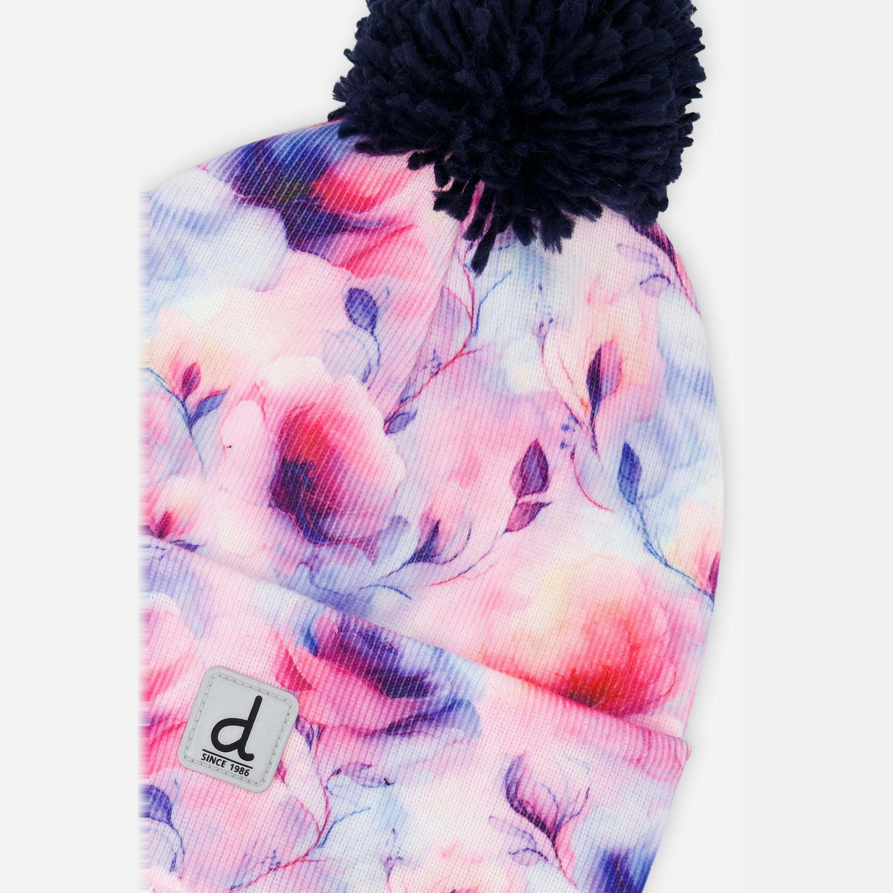 Winter Knit Hat With Pompom Mauve Printed Flowers , view 4 of 4