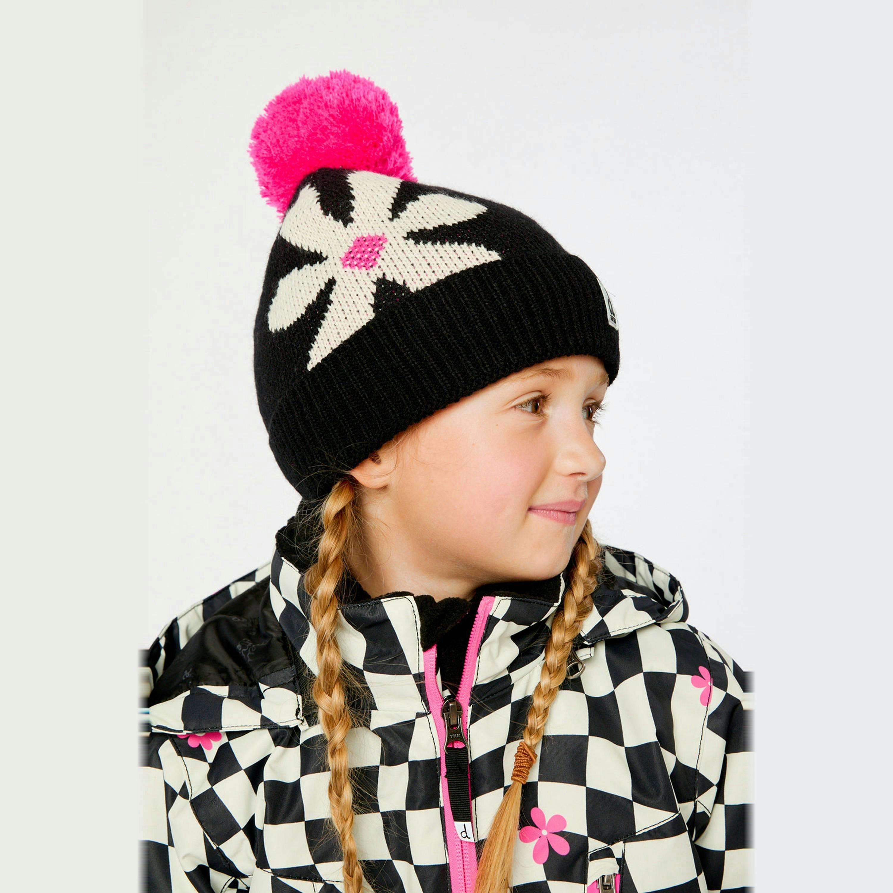 Winter Knit Hat With Pompom Black, White And Pink , view 2 of 3