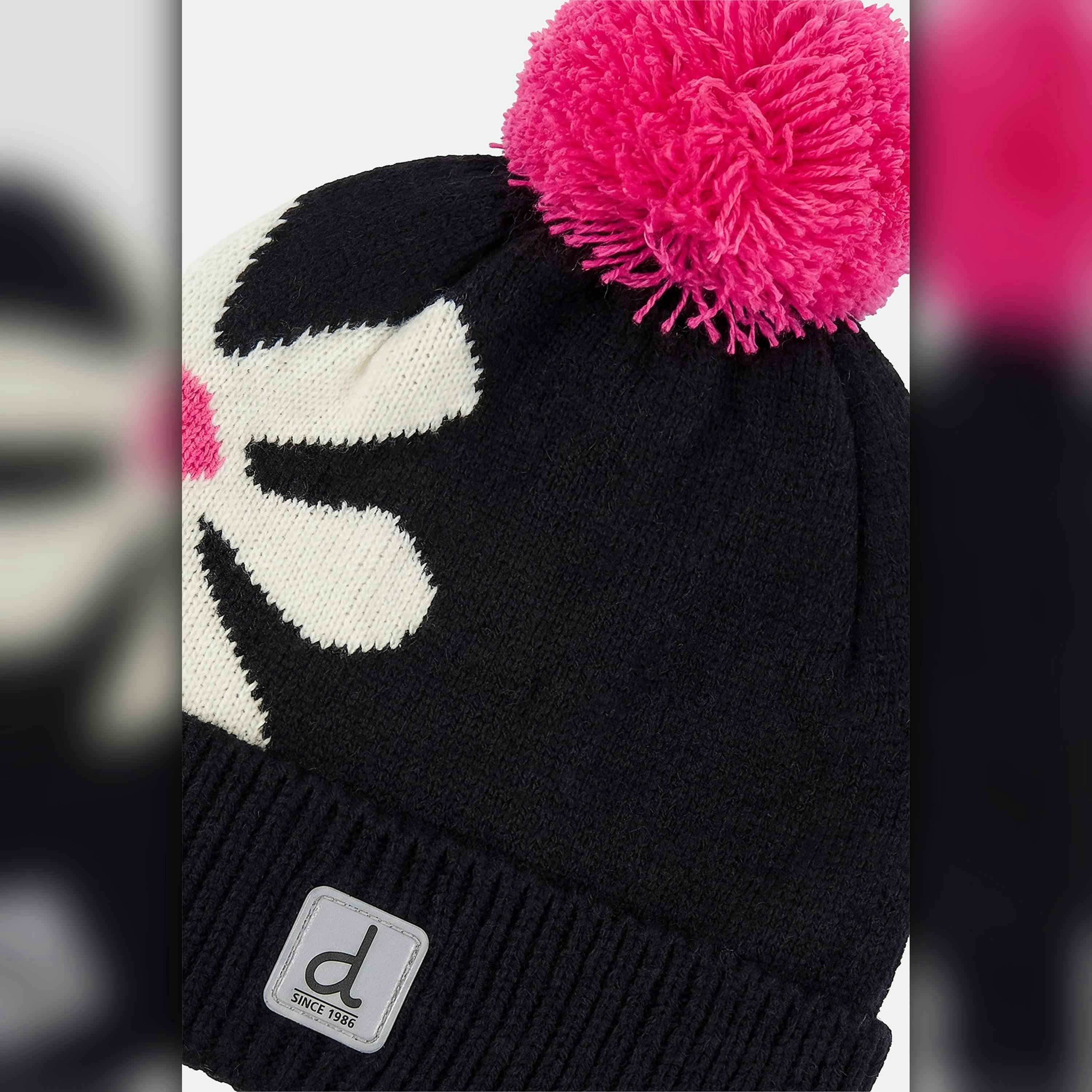 Winter Knit Hat With Pompom Black, White And Pink , view 3 of 3