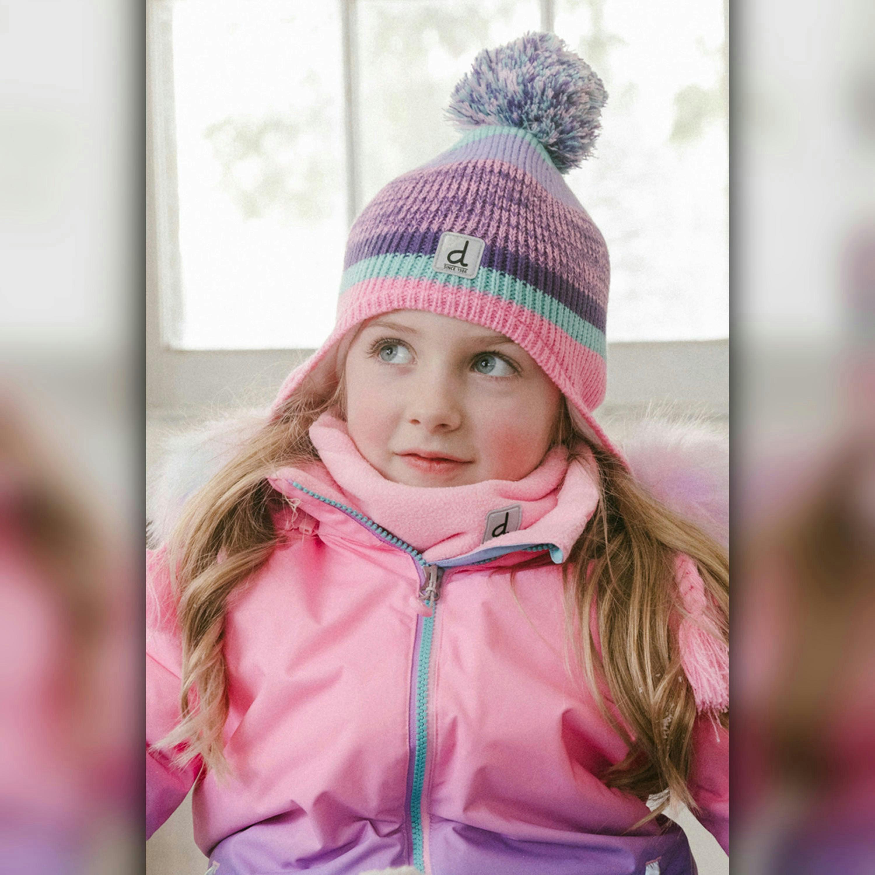 Winter Peruvian Knit Hat With Pompom Mauve And Blue Jacquard , view 2 of 4