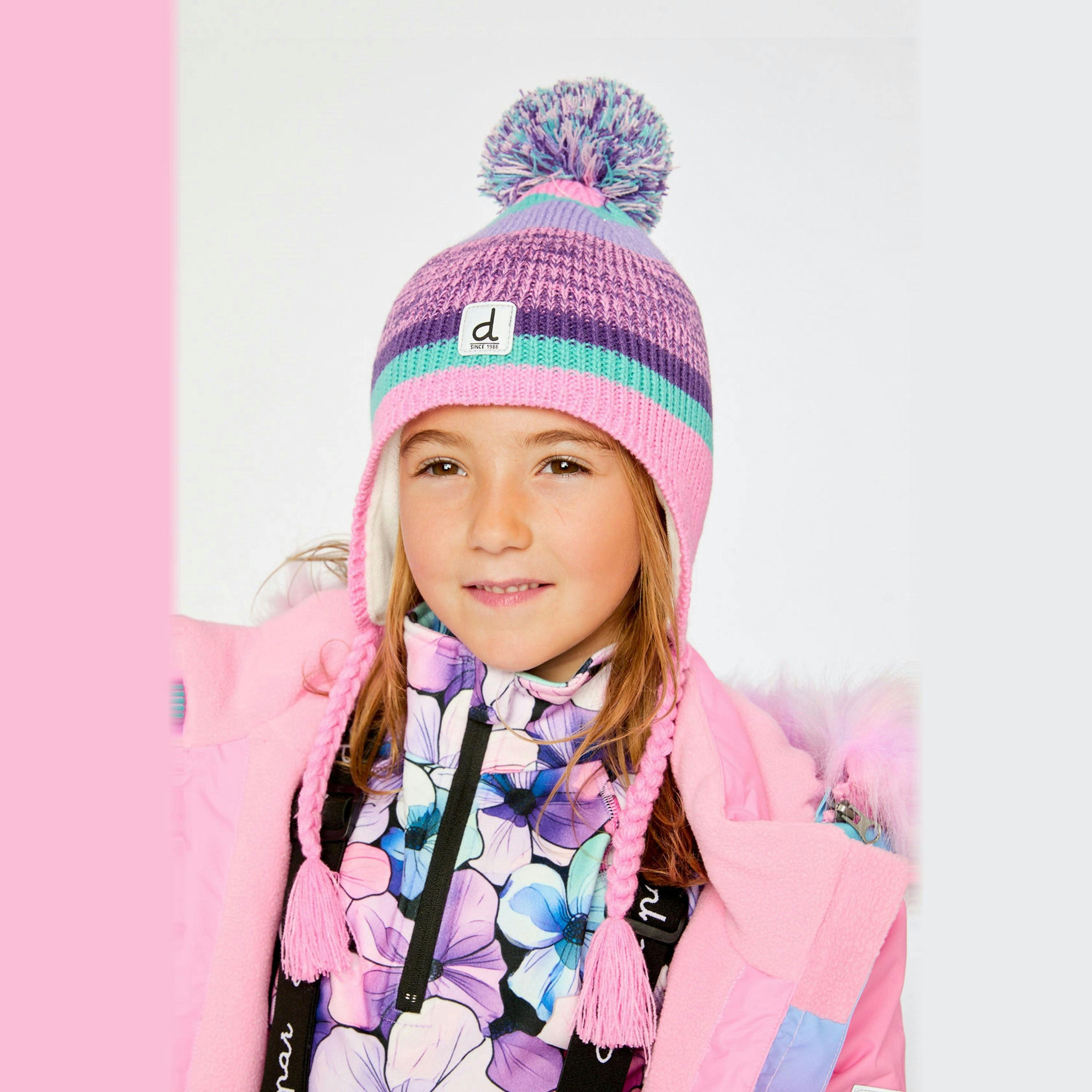 Winter Peruvian Knit Hat With Pompom Mauve And Blue Jacquard , view 3 of 4