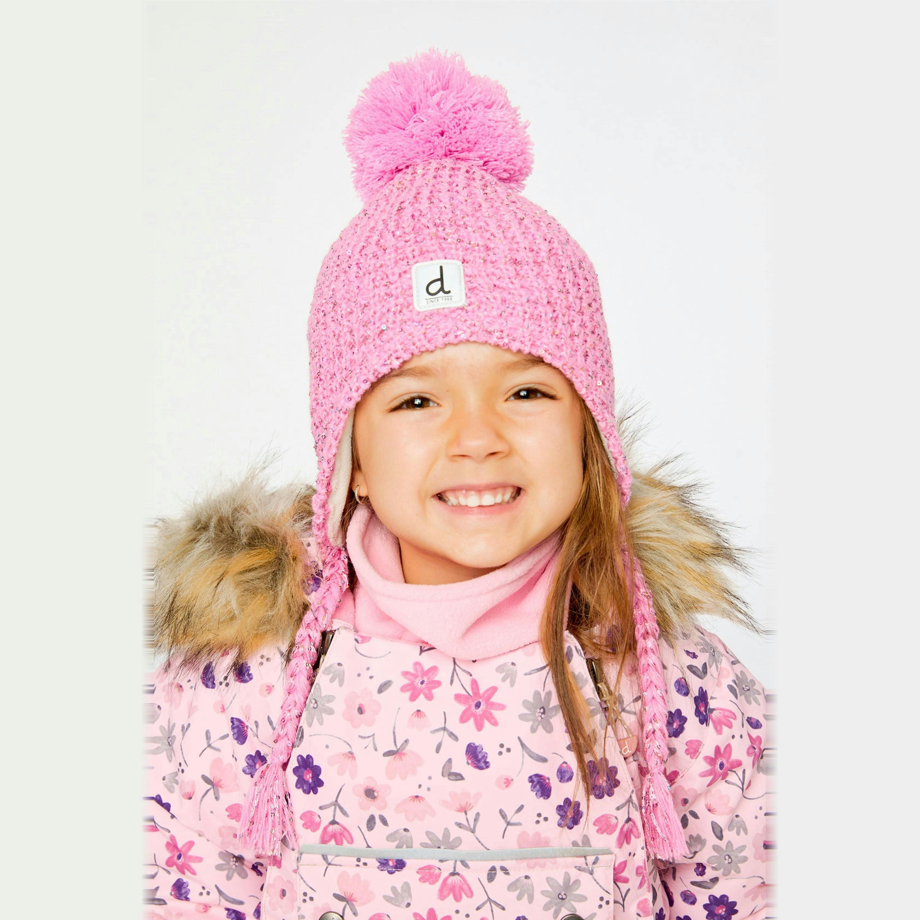 Winter Peruvian Knit Hat With Pompom Pink Multicolored Details , view 2 of 3