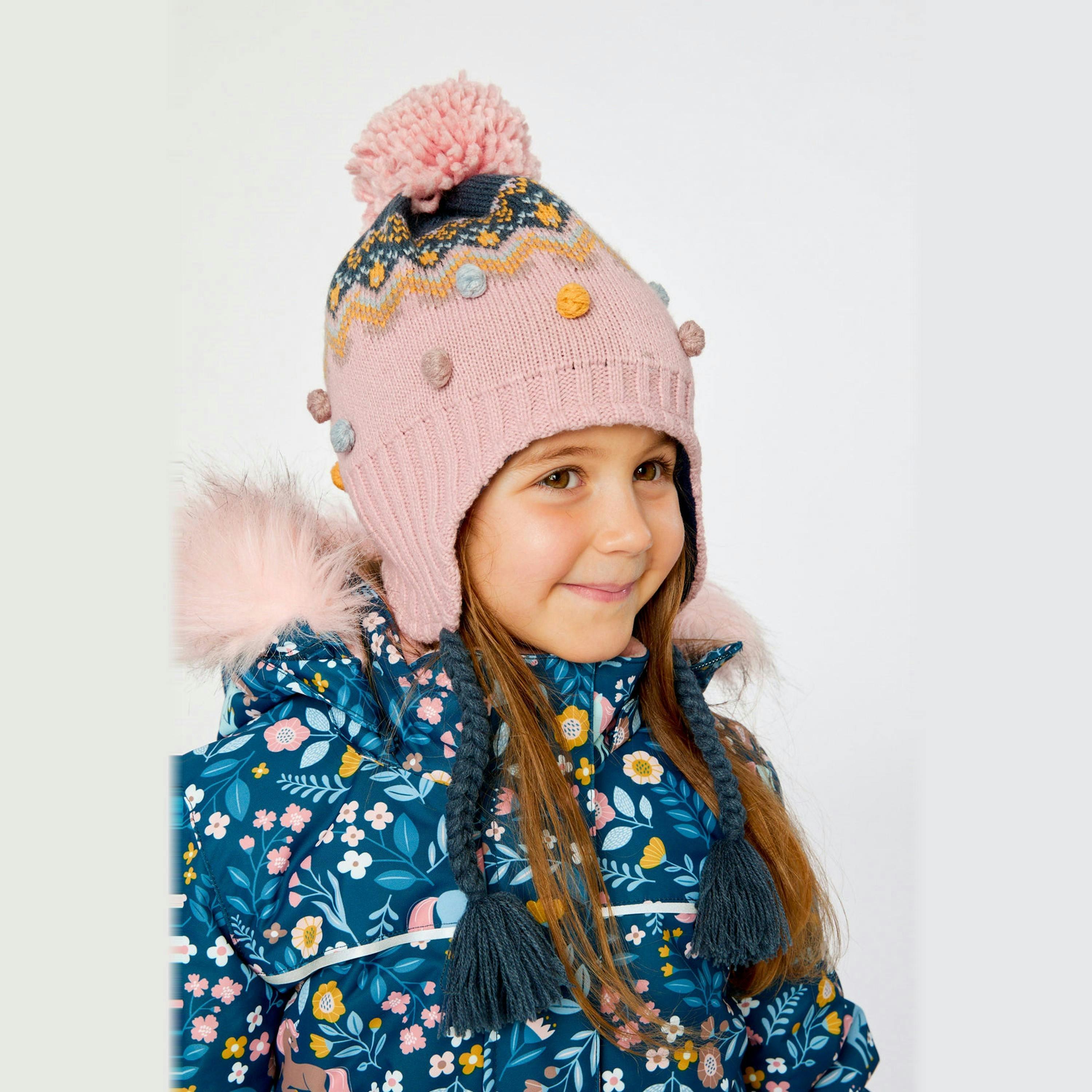 Winter Peruvian Knit Hat With Pompom Pink And Blue Jacquard , view 2 of 3