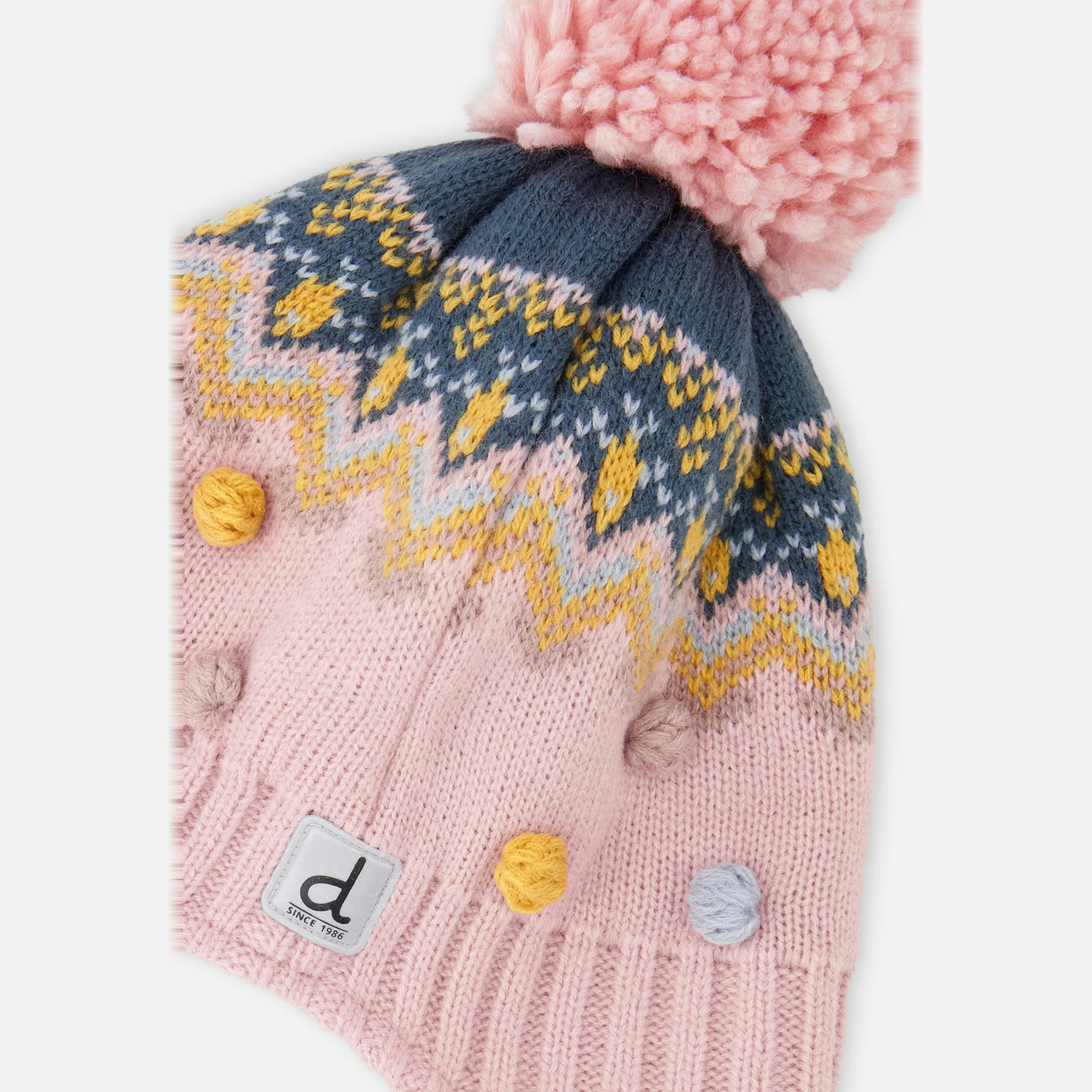 Winter Peruvian Knit Hat With Pompom Pink And Blue Jacquard , view 3 of 3