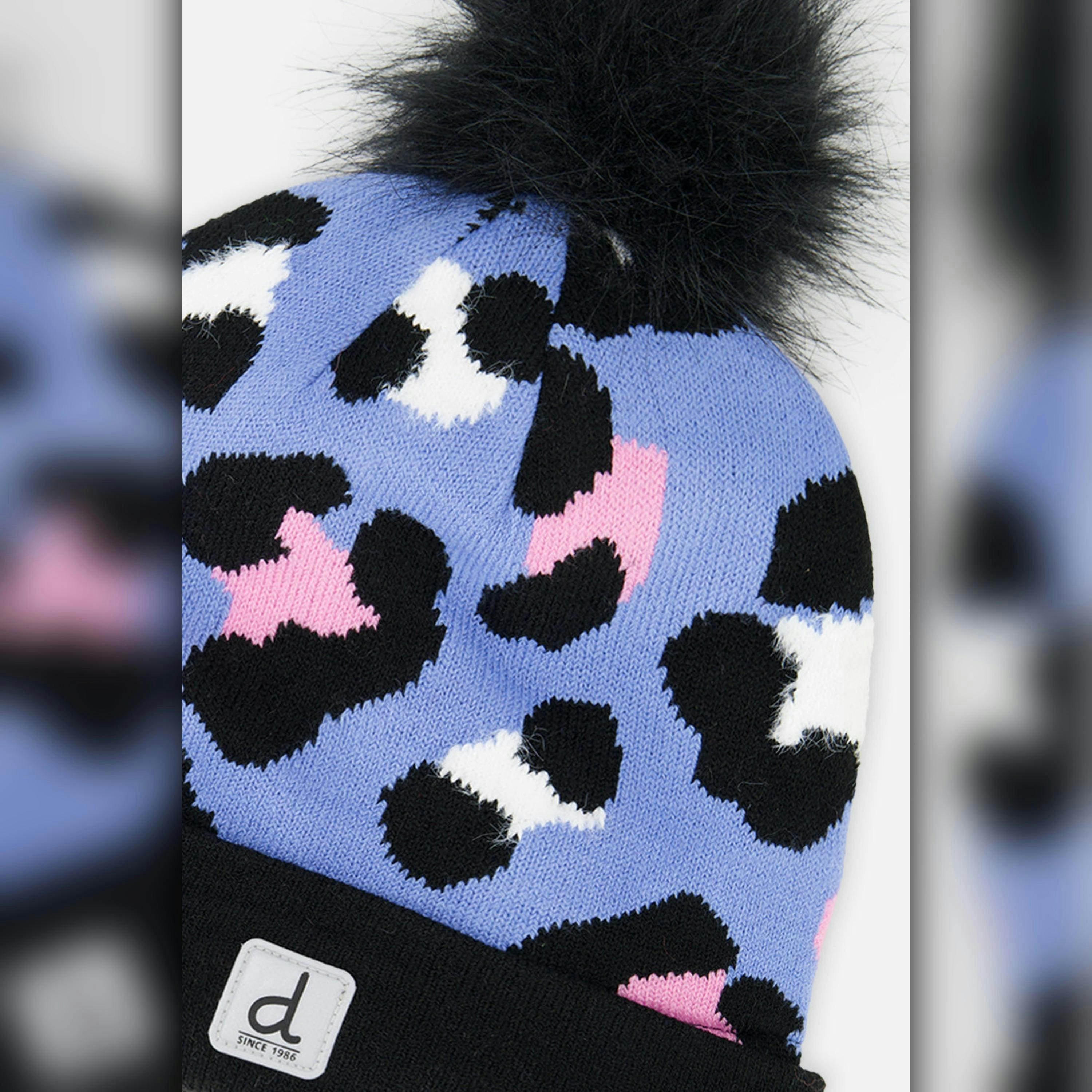 Winter Knit Hat With Pompom Blue Leopard Print , view 3 of 3